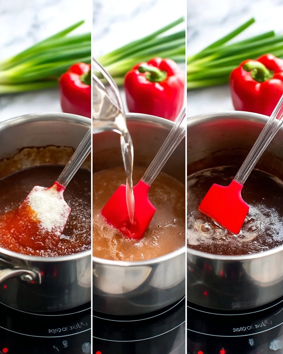 A stainless steel pot sits on a black stovetop with a white marbled surface beneath; inside the pot, a mix of thick dark brown sauce, bright red sauce, and white powder is being stirred with a red spatula that has a clear handle. Water is poured in the second image, adding a transparent layer to the mix. In the third image, the sauces and powder have combined into a smooth, light brown liquid steaming gently, with the red spatula resting inside. A red bell pepper and green onions blur softly in the background, emphasizing the cooking process. Photo taken with an iphone --ar 4:5 --v 7