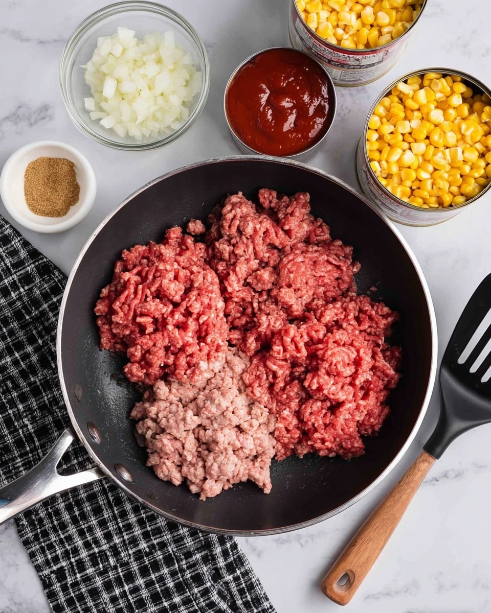 A large black pan with a silver rim sits on a black and white checkered cloth, containing two different shades of raw ground meat, one pink and one a little darker pink, loosely placed side by side. Above the pan, small white bowls hold various ingredients, including minced garlic in a small bowl on the left, chopped white onions in a clear glass bowl in the center, and a small bowl of brown sugar towards the upper middle. There are also two open cans near the top right, one filled with yellow corn and the other with red sauce, placed on a white marbled surface. A black spatula with a wooden handle rests to the right of the pan. photo taken with an iphone --ar 4:5 --v 7