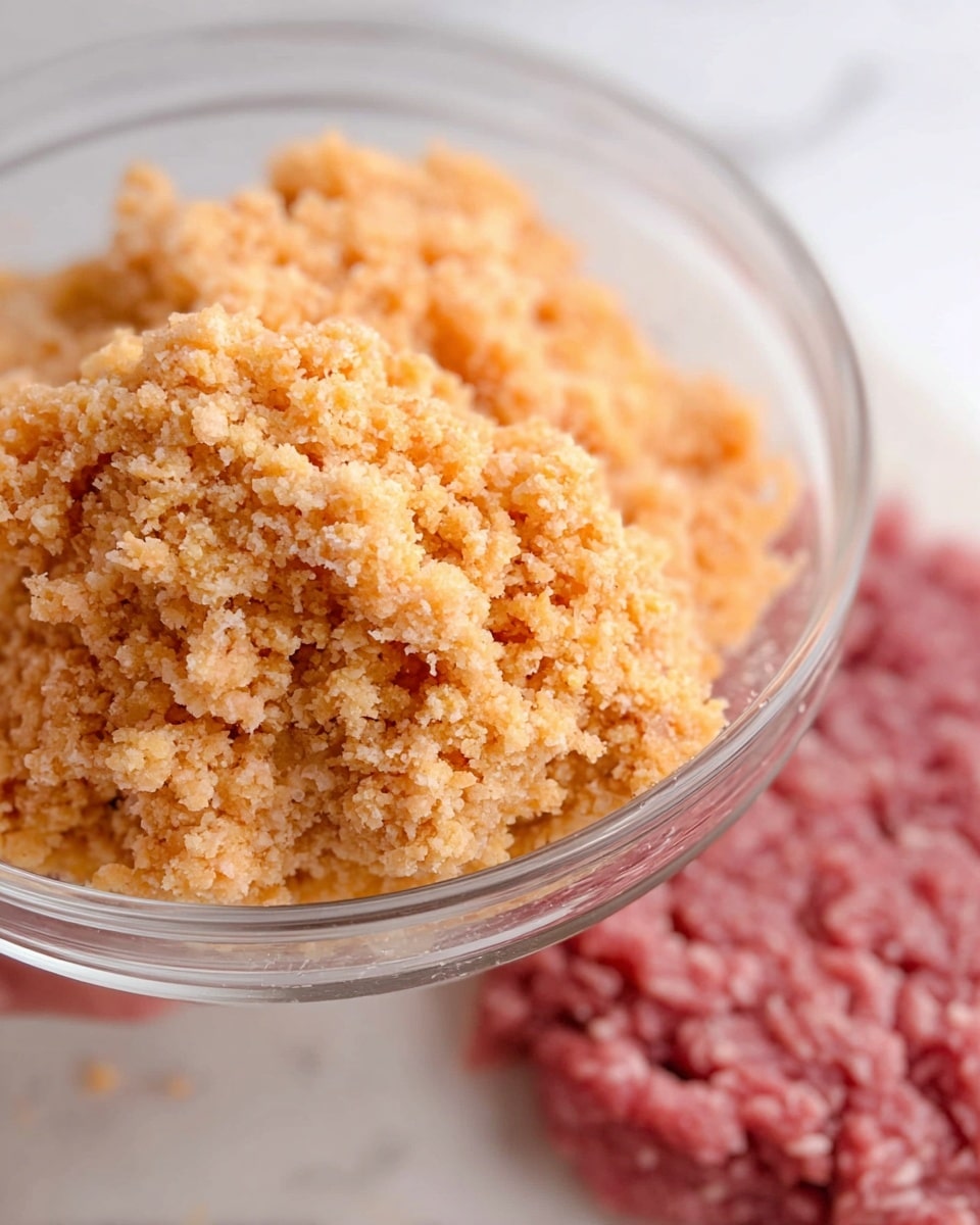 A close-up of a clear glass bowl filled with a light orange, crumbly texture that looks soft and moist. The bowl is held by a woman's hand with a blurred white marbled background. Below the bowl are small mounds of raw pink ground meat spread out on the white marbled surface. The image shows two clear layers: the crumbly mixture in the bowl on top and the meat on the surface beneath. Photo taken with an iphone --ar 4:5 --v 7