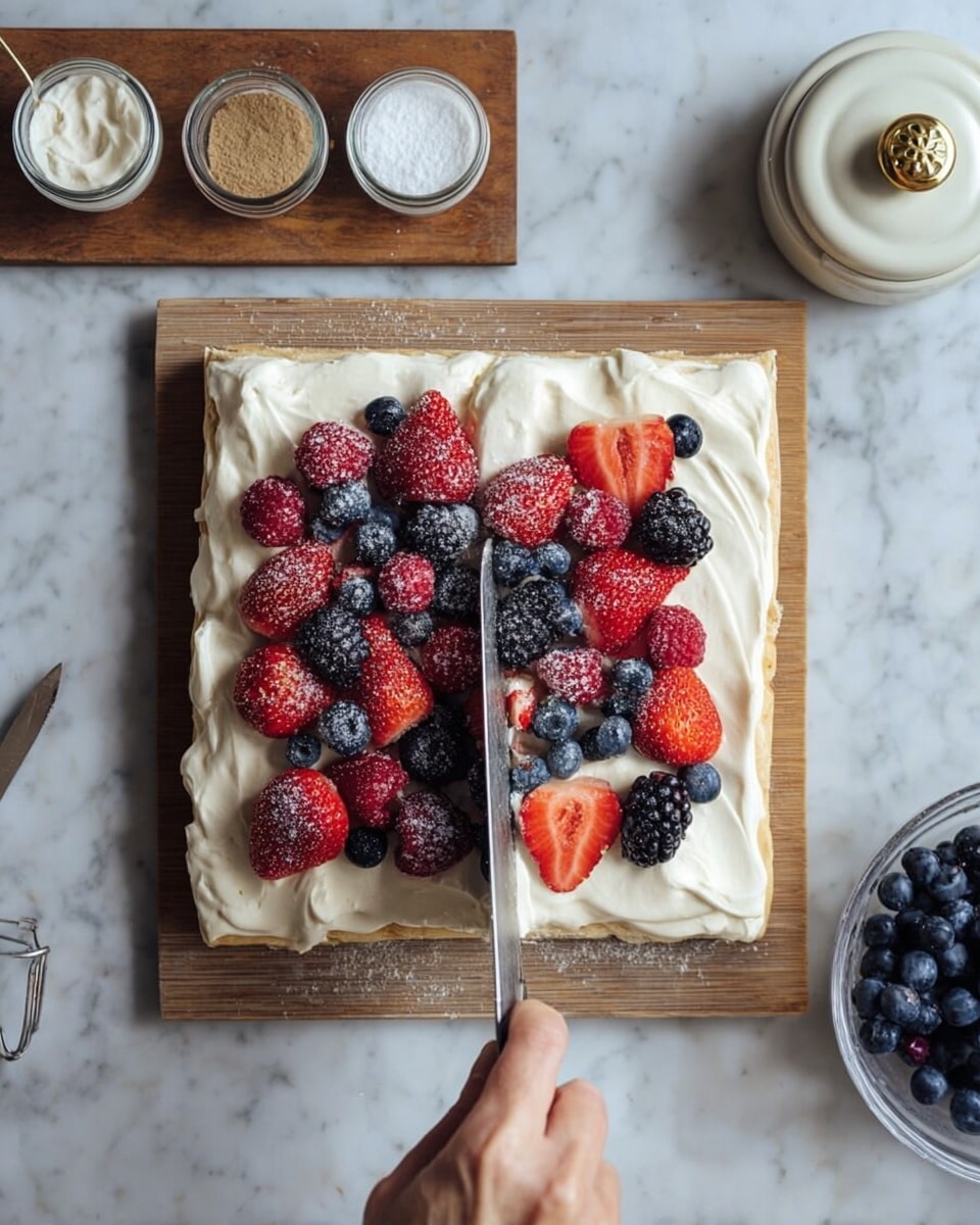 A square flat pastry sits on a white marbled surface, topped with a thick, smooth layer of white cream spread evenly to cover the whole surface. On top, there are clusters of fresh strawberries, blueberries, raspberries, and blackberries, lightly dusted with sugar. A woman's hand is seen holding a knife cutting the pâtisserie vertically in the middle, with a thin metal blade showing. Above the pastry, on a wooden board, there are four small glass jars containing white sugar, whipped cream, brown sugar, and a closed container with a white lid and gold knob. At the bottom right corner, there is a glass bowl filled with blueberries. photo taken with an iphone --ar 4:5 --v 7
