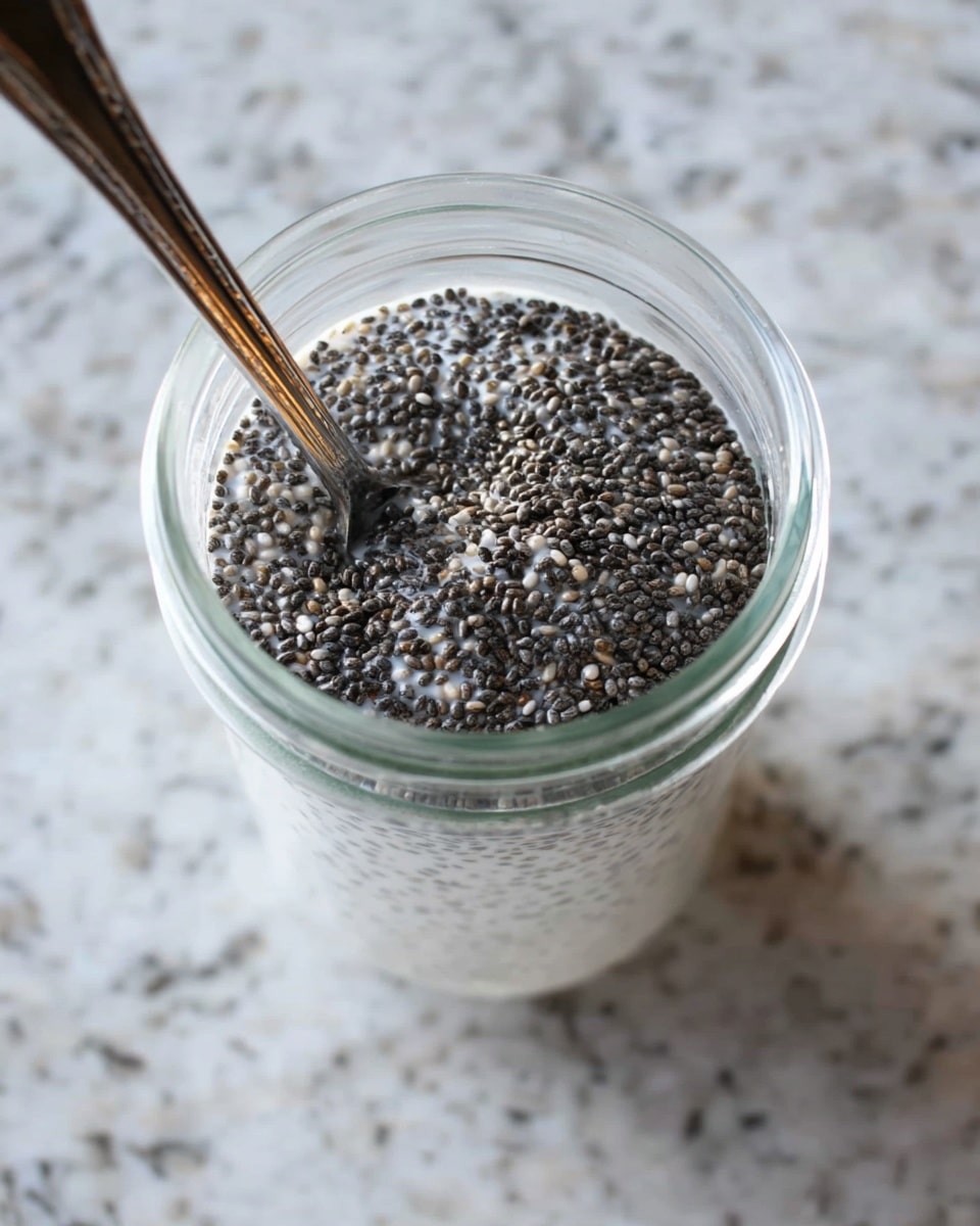 A clear glass jar filled with a light, milky liquid and topped with a thick layer of black and white chia seeds that appear soaked and swollen, giving a textured surface. A silver spoon is partially dipped into the jar from the left side, visible above the seeds. The jar is placed on a background with a white marbled texture. photo taken with an iphone --ar 4:5 --v 7