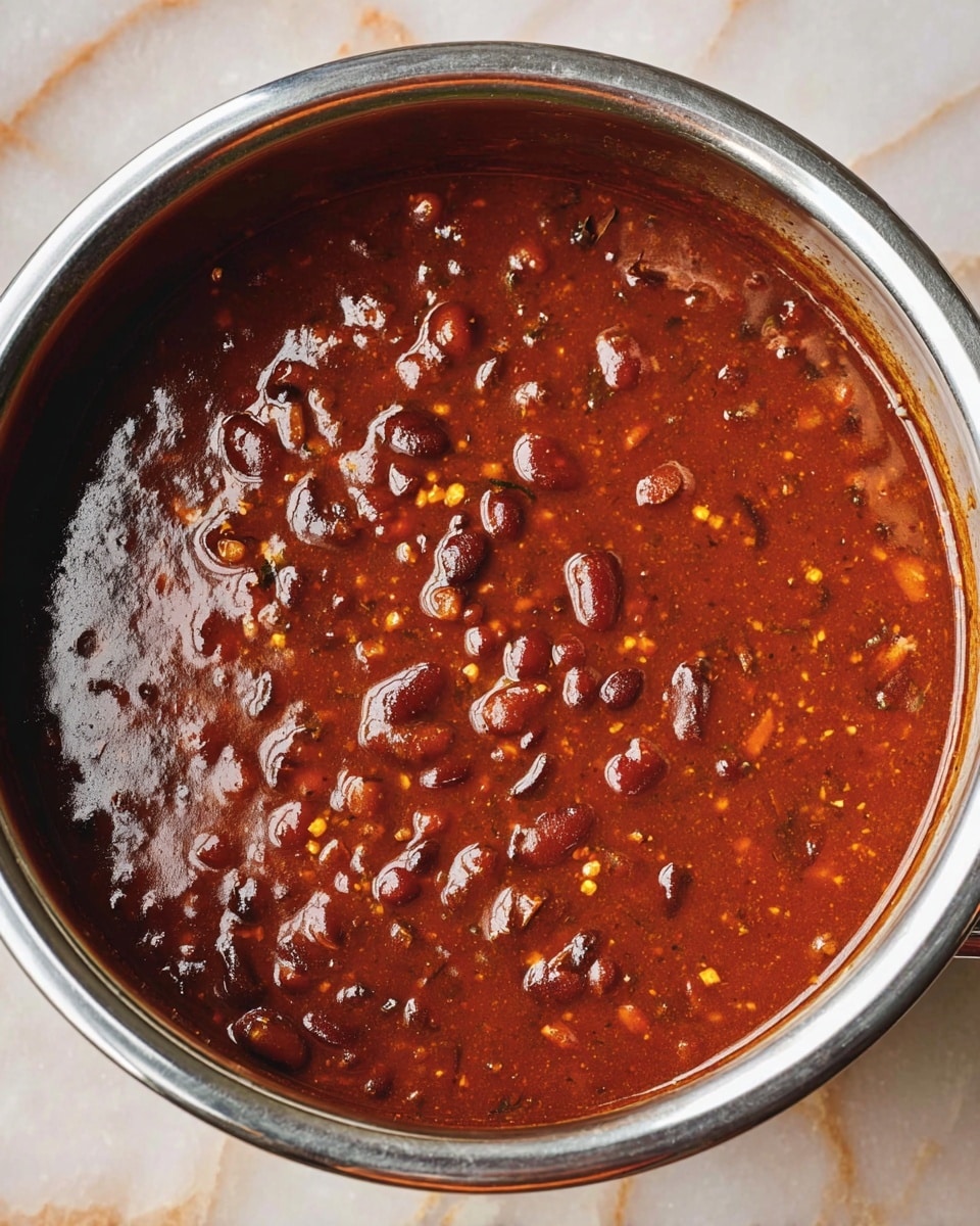A close-up view of a thick, dark reddish-brown stew inside a stainless steel pot placed on a white marbled surface. The stew is rich and glossy with multiple layers of visible kidney beans and small chunks within the thick sauce. The surface of the stew shows a mix of smooth and slightly textured areas with some specks of herbs and spices scattered throughout. The pot’s silver rim is shiny and contrasts with the deep color of the stew. photo taken with an iphone --ar 4:5 --v 7