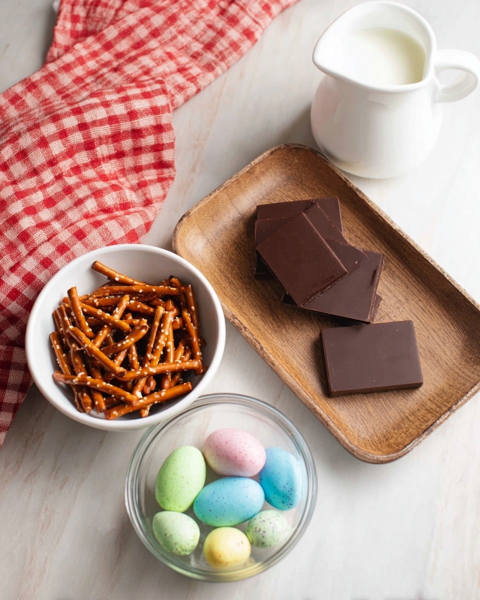 The image shows a wooden tray holding three pieces of dark brown chocolate with smooth surfaces and sharp edges, placed on a white marbled table. In front of the tray, there is a white bowl filled with thin, shiny, golden-brown pretzel sticks piled loosely. Lower in the frame, there is a small white ceramic pitcher filled with milk and a clear glass bowl with two layers of colorful, speckled candy eggs in pastel blue, pink, yellow, green, and white shades. A red and white checkered cloth is casually placed on the upper left corner of the image. Photo taken with an iphone --ar 4:5 --v 7