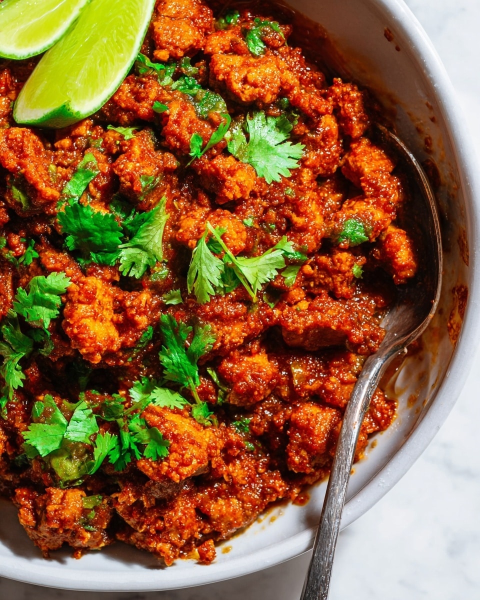 Close-up view of a dish in a white bowl on a white marbled surface showing one main layer of small, chunky pieces of cooked meat mixed with thick, rich red sauce that has a slightly shiny texture. The meat and sauce layer is scattered with bright green fresh cilantro leaves on top for contrast. A bright green lime wedge sits on the left side of the bowl, adding a fresh pop of color. On the right edge, a tarnished metal spoon rests partly in the bowl, hinting at serving. The mixture looks moist and textured with visible bits of sauce coating the chunks. Photo taken with an iphone --ar 4:5 --v 7