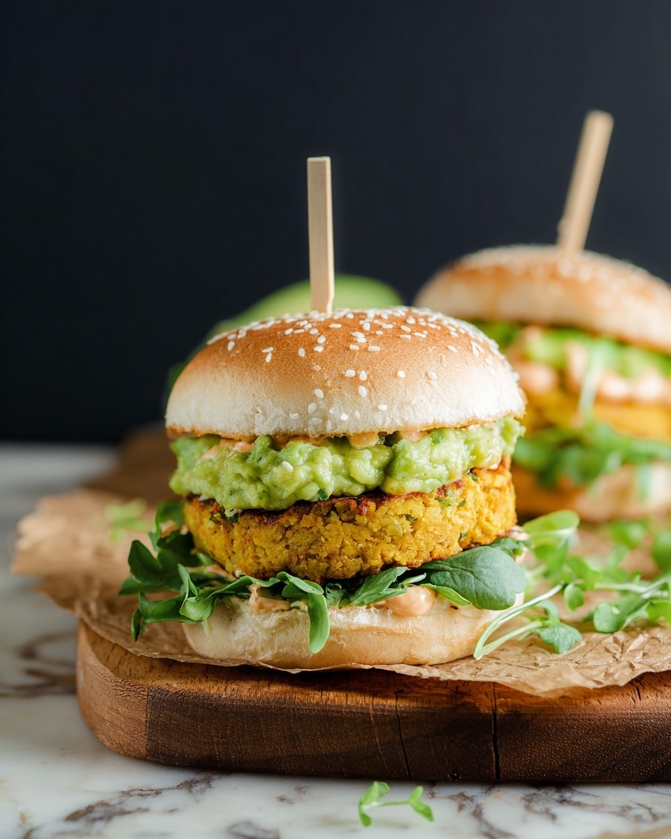 A close-up of a burger on a wooden board with crumpled brown paper underneath, showing four main layers: at the bottom, a soft pale bun, above it fresh dark green leafy greens, then a thick yellow and orange patty with a slightly rough texture, topped with a thick layer of chunky light green guacamole and a dab of light orange creamy sauce visible under the top bun. The top bun is light brown with white sesame seeds, and a wooden toothpick sticks out of the center. There is a blurred second burger in the background on a white marbled surface with a dark black background behind both. Photo taken with an iphone --ar 4:5 --v 7