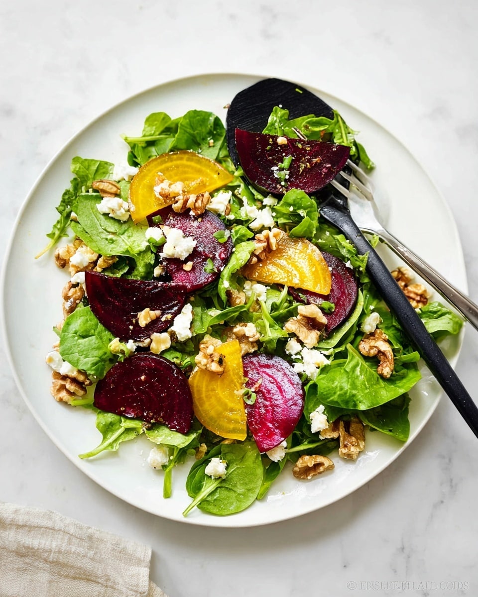 A fresh salad is shown on a white plate set on a white marbled surface. The bottom layer is made of green leafy baby spinach and mixed greens. On top of the leaves, there are slices of deep red and bright yellow beets arranged unevenly. Scattered over the salad are small pieces of crumbled white cheese and chopped walnuts, adding texture and color contrast. A black salad serving spoon and fork rest on the side of the plate, holding some greens, beet slices, walnuts, and cheese. The scene is bright, clean, and simple, with soft natural light highlighting the freshness of the ingredients. Photo taken with an iphone --ar 4:5 --v 7