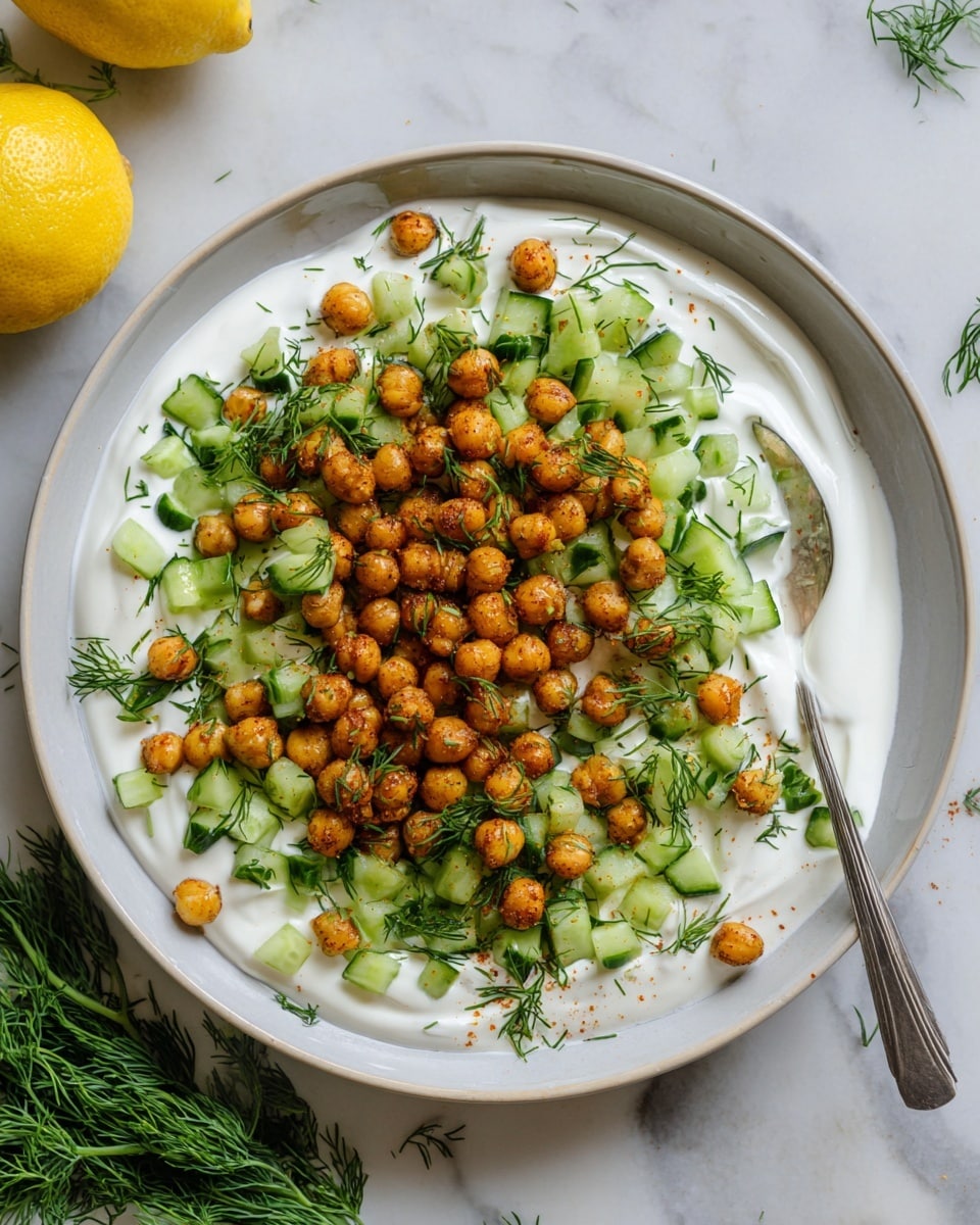 A white plate sits on a white marbled surface, filled with three distinct layers: the bottom layer is smooth, creamy white yogurt spread evenly across the plate, topped with a layer of bright green chopped cucumber mixed with small green dill leaves scattered throughout, and finally, a top layer of golden-brown roasted chickpeas sprinkled evenly over the cucumbers and yogurt. A silver spoon rests on the right edge of the plate, partially in the dish, and a whole lemon and some fresh dill sprigs are visible on the left side outside the plate. Photo taken with an iphone --ar 4:5 --v 7