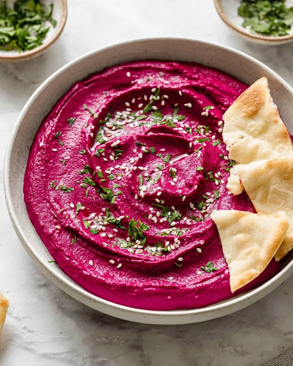 A white bowl holds one thick layer of bright magenta beet hummus with smooth swirls showing its creamy texture. Two pale tan pita bread pieces are placed on the right edge, partially dipped into the hummus. The surface of the hummus is sprinkled with small green chopped herbs and white sesame seeds, adding color contrast. Around the bowl, there is a white marbled surface with two small bowls in the background, one with green chopped herbs. photo taken with an iphone --ar 4:5 --v 7