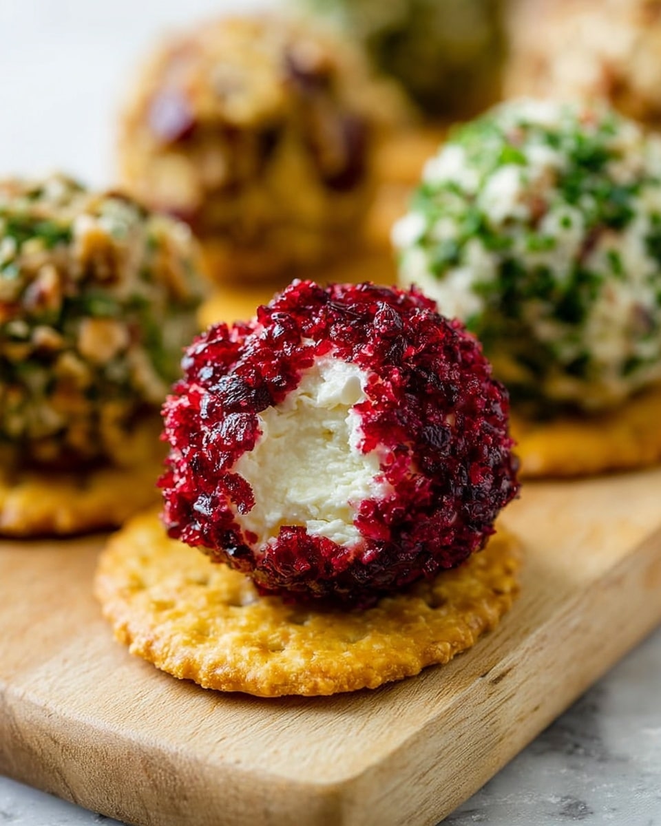 A close-up shot of several cheese balls arranged on a light wooden board over a white marbled texture surface. In the front center is a cheese ball coated in bright red dried cranberries with a bite showing the soft white cheese inside. This cheese ball sits on a round, yellowish-brown cracker. Behind it, there are other cheese balls coated in green herbs and chopped nuts, creating a mix of textures and colors of bright green and light brown. The focus is sharp on the cranberry cheese ball, while the others are slightly blurred in the background. Photo taken with an iphone --ar 4:5 --v 7