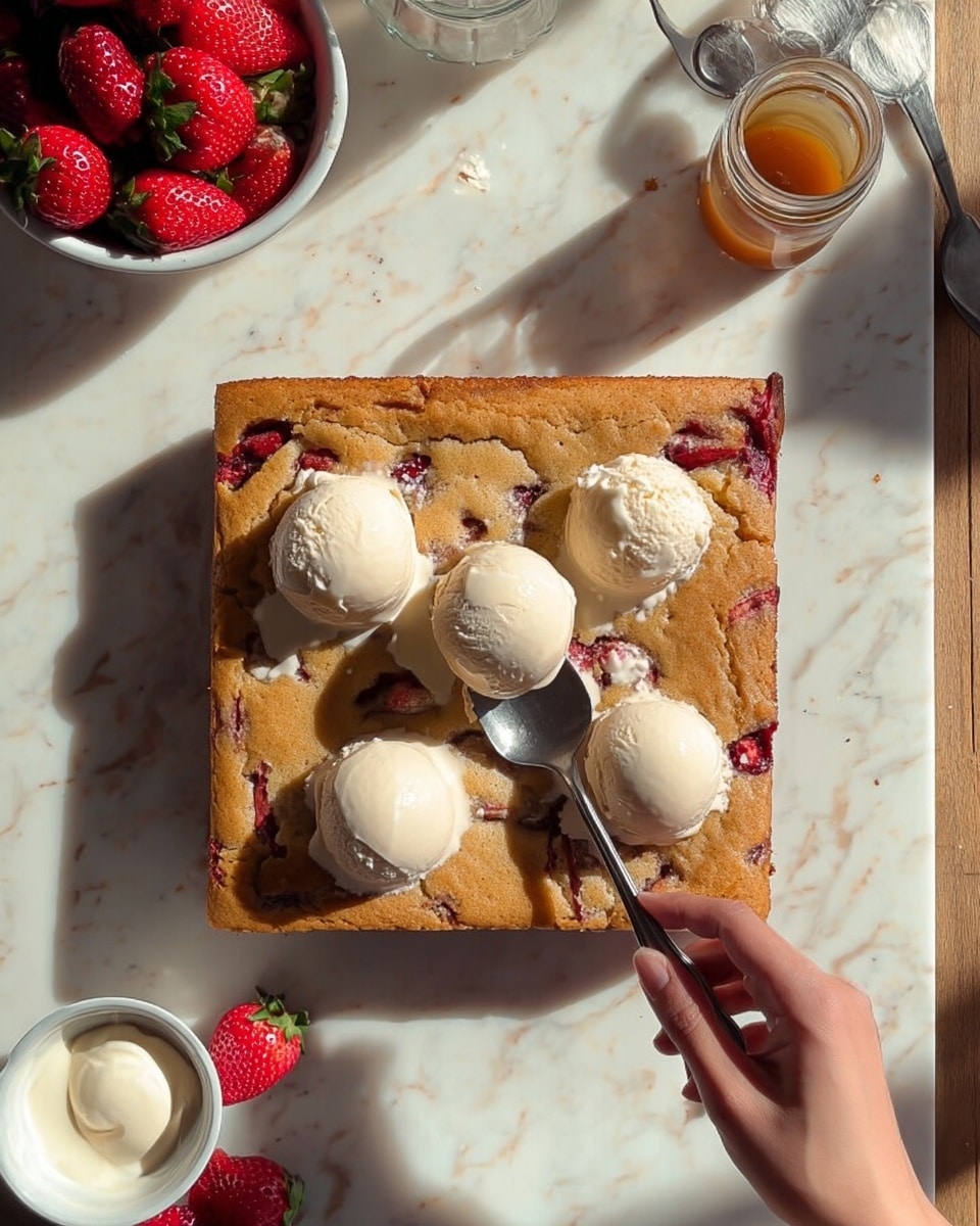 A square piece of golden brown strawberry cake with visible pieces of red strawberries baked into it lies flat on a white marbled surface. On top of the cake are five scoops of light beige creamy ice cream placed closely together in a circular pattern. A woman's hand is holding a shiny silver spoon gently pressing down on the center scoop of ice cream. Above the cake, there is a white bowl filled with fresh whole red strawberries, a small white container holding a creamy white sauce, a glass jar with caramel-colored sauce, and a couple of loose strawberries. The scene is warmly lit by natural sunlight. photo taken with an iphone --ar 4:5 --v 7