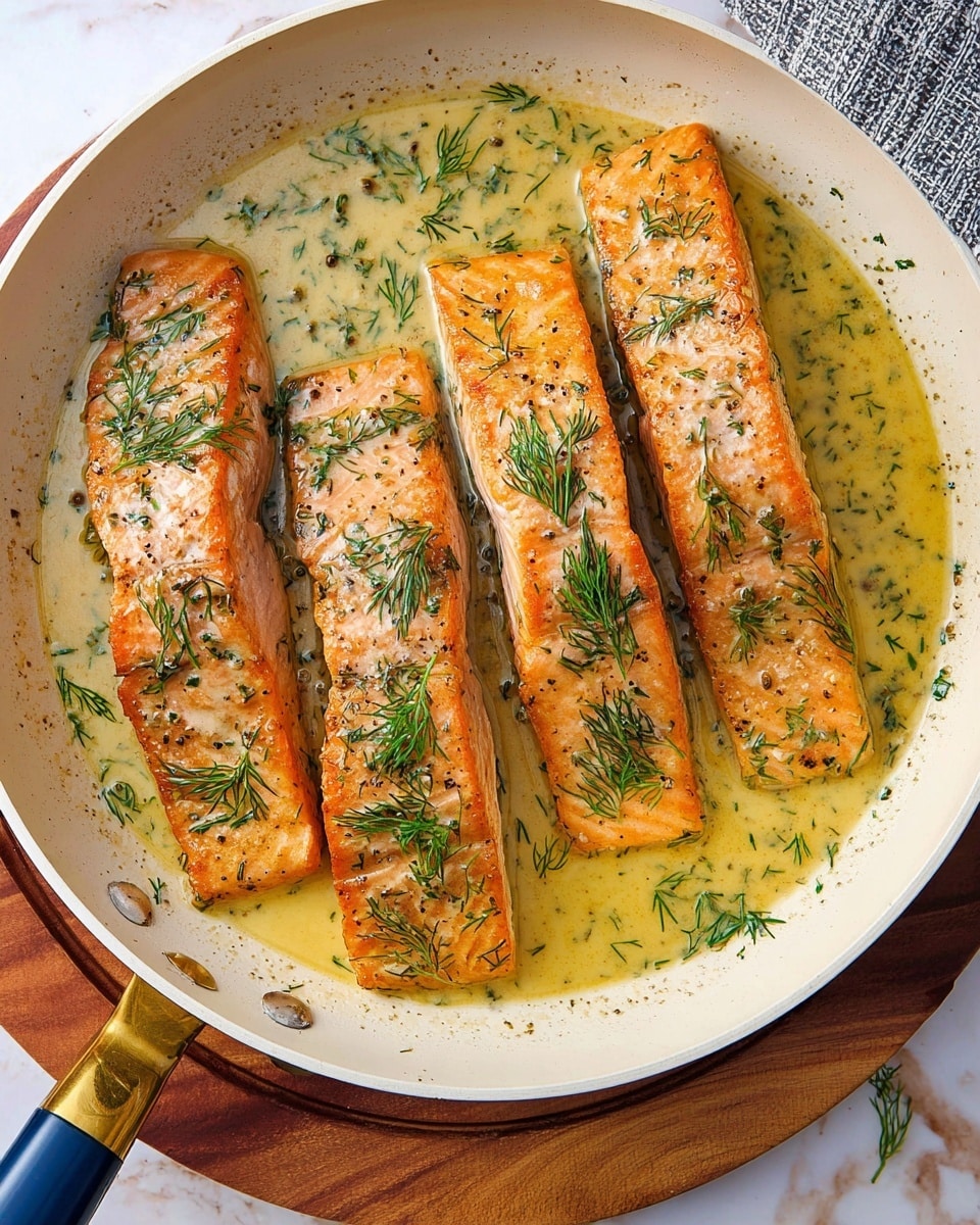 Four pieces of orange salmon fillets with a light brown cooked crust lay side by side inside a white shallow pan filled with a thin yellowish sauce mixed with chopped green herbs. Small green dill garnishes are scattered on top of each fillet, and there are visible small black pepper specks. The pan has a golden handle with a dark blue grip resting on a white marbled surface with a wooden circular mat partially showing under the pan photo taken with an iphone --ar 4:5 --v 7