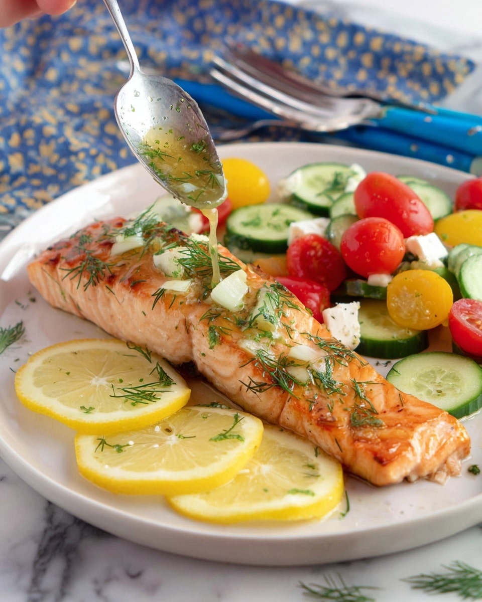A white plate holds a cooked salmon fillet with golden brown sear marks on top, garnished with fresh green dill and small bits of garlic. Below the fillet are three bright yellow lemon slices topped with more dill. To the right of the salmon is a colorful salad of sliced green cucumbers, halved red cherry tomatoes, small white cheese pieces, and yellow tomatoes, all mixed with chopped herbs. A woman's hand is holding a spoon, pouring a light herb sauce over the salmon. In the background, a fork with a blue handle rests on the plate, all placed on a white marbled surface. photo taken with an iphone --ar 4:5 --v 7