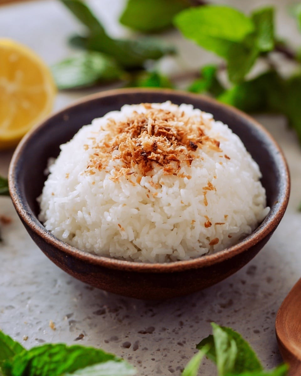 A small dark brown bowl filled with a dome-shaped mound of white steamed rice, topped with a light sprinkle of toasted brown flakes. The rice grains look soft and slightly sticky, forming a smooth, rounded surface. The bowl is placed on a white marbled textured surface with some green leaves and a yellow slice of lemon blurred in the background, giving a fresh and natural look. Photo taken with an iphone --ar 4:5 --v 7