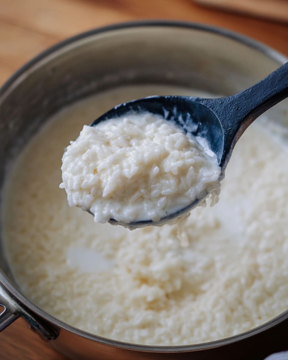 A close-up view of a black spoon holding a scoop of white rice cooked in milky liquid. The spoon is slightly tilted, showing the soft texture of the rice grains mixed with the creamy liquid. The spoon is held over a stainless steel pot filled with more rice in the same creamy liquid. The pot sits on a wooden surface, and the background is blurred to focus on the spoon and the rice texture. The colors are mainly white and soft cream with a hint of dark blue from the spoon. Photo taken with an iphone --ar 4:5 --v 7