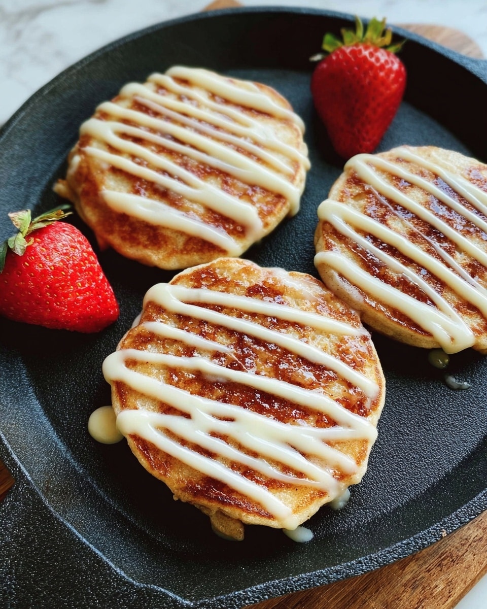 Three small pancakes with a light brown, slightly crispy texture on top are placed on a black pan. Each pancake is decorated with thin white icing lines drizzled across horizontally. Two fresh strawberries, bright red with visible seeds and green tops removed, are placed near the pancakes on the same pan. The background surface is a white marbled texture. Photo taken with an iphone --ar 4:5 --v 7