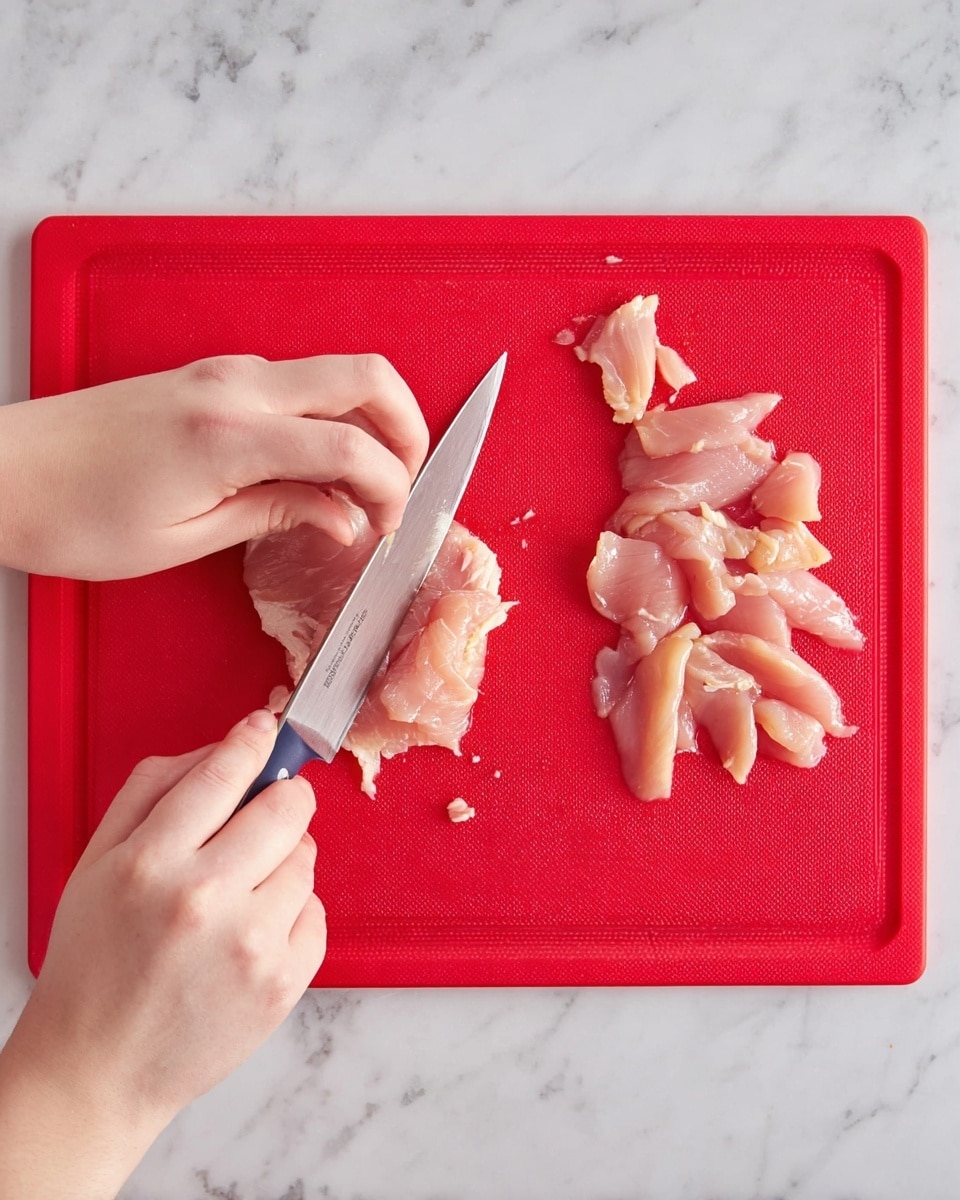 A top view shows a woman's hand holding a piece of raw chicken on a red cutting board, slicing it into thin strips with a sharp knife held by another woman's hand. The cutting board is on a white marbled surface. On the right side of the board, there are several light pink, thin chicken strips already cut, arranged in small groups. The knife blade shines as it cuts through the chicken, with the texture of the raw meat clearly visible. photo taken with an iphone --ar 4:5 --v 7