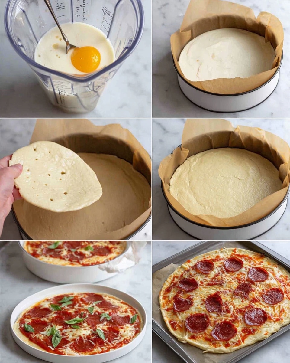 The image shows a step-by-step pizza making process. First, a clear blender cup holds a mix of white flour, egg yolk, and a yellow liquid. In the next step, a whitish creamy batter is poured into a round baking pan lined with brown parchment paper. The third frame shows the baked pale, golden pizza dough layer with slightly raised edges in the white pan. Then, a woman's hand lifts the smooth, thin, and lightly browned dough circle, showing its texture with small dark specks. In the next step, the dough is laid flat on a baking tray, and a woman's hand spreads a layer of glossy red tomato sauce over it with a spoon. Finally, a round pizza is topped with melted white cheese, dark red pepperoni slices, and small green basil pieces, all on a white plate. The surface under the dishes is a white marbled texture. Photo taken with an iphone --ar 4:5 --v 7