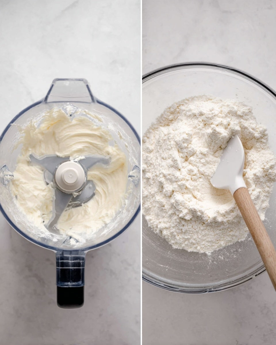 The image shows two side-by-side views of ingredients being prepared on a white marbled surface. On the left is a clear blender jar with a white creamy mixture inside, spread around the blades, showing a smooth and soft texture. On the right is a large clear glass bowl with a white powdery and crumbly mixture inside, partially stirred with a white spatula that has a wooden handle, resting on the right side of the bowl. photo taken with an iphone --ar 4:5 --v 7
