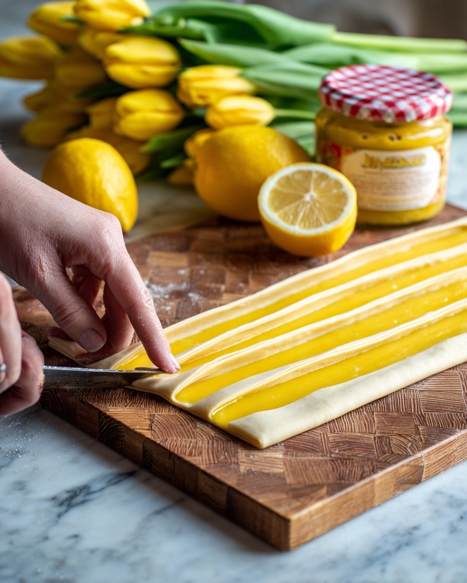 A close-up image of a woman's hand cutting a folded rectangular dough wrapped with a lemon-yellow filling into seven long strips on a brown and light wood checkered cutting board. Behind the dough, there is a cut lemon showing its pale yellow inside next to a whole lemon, along with a jar of Bonne Maman lemon curd with a red and white checked lid, and some bright yellow tulips. The background surface is a white marbled texture. Photo taken with an iphone --ar 4:5 --v 7