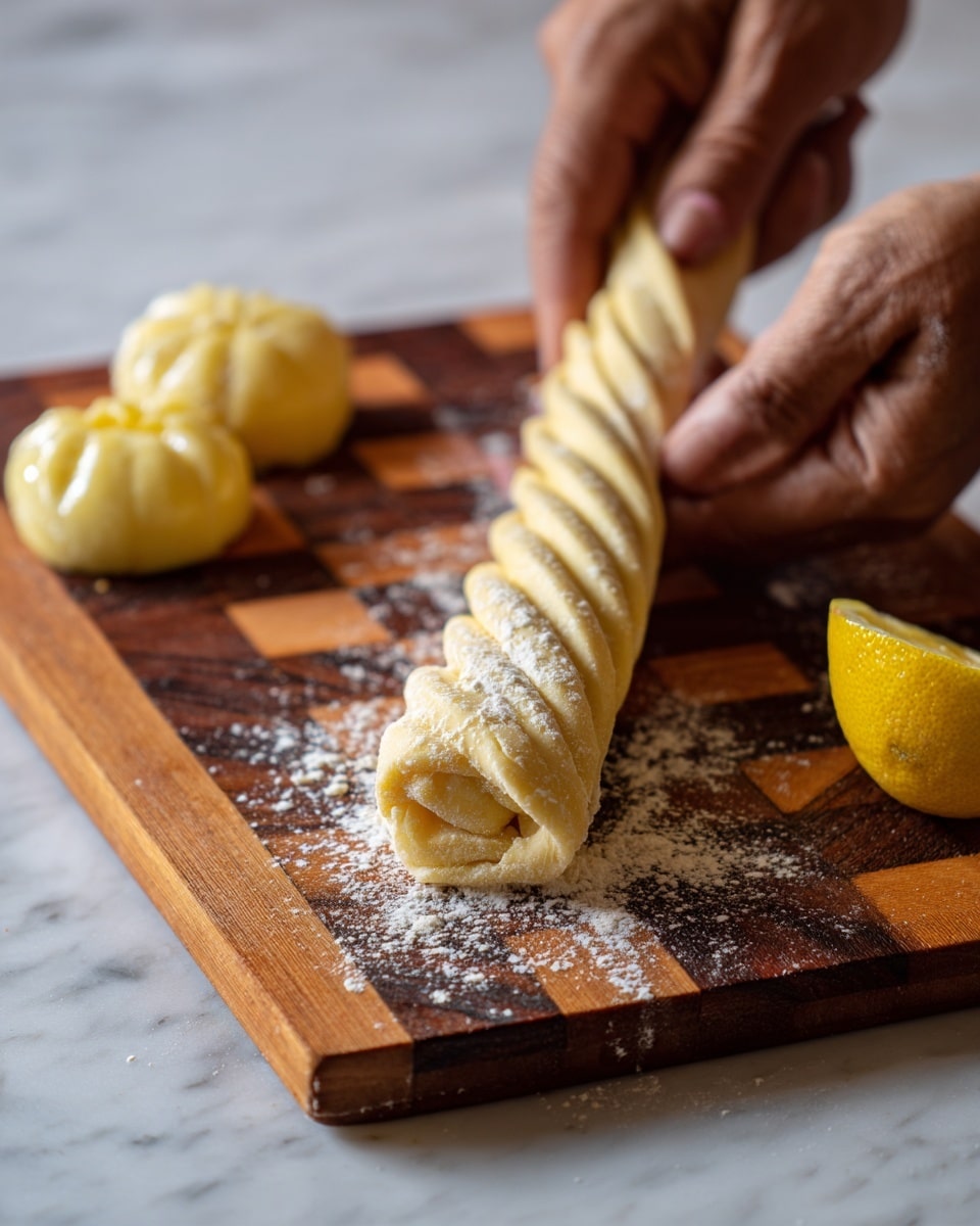 The image shows a close-up of two woman's hands twisting a long thin strip of dough that is light yellow with flour dusted on parts. The dough is being twisted lengthwise over a brown and beige checkered wooden board. To the left on the board are two small dough shapes resembling flowers, with smooth, shiny tops and some flour on them. On the right side, part of a half-cut yellow lemon is visible on the board. The background and surface under the board have a white marbled texture. Photo taken with an iphone --ar 4:5 --v 7