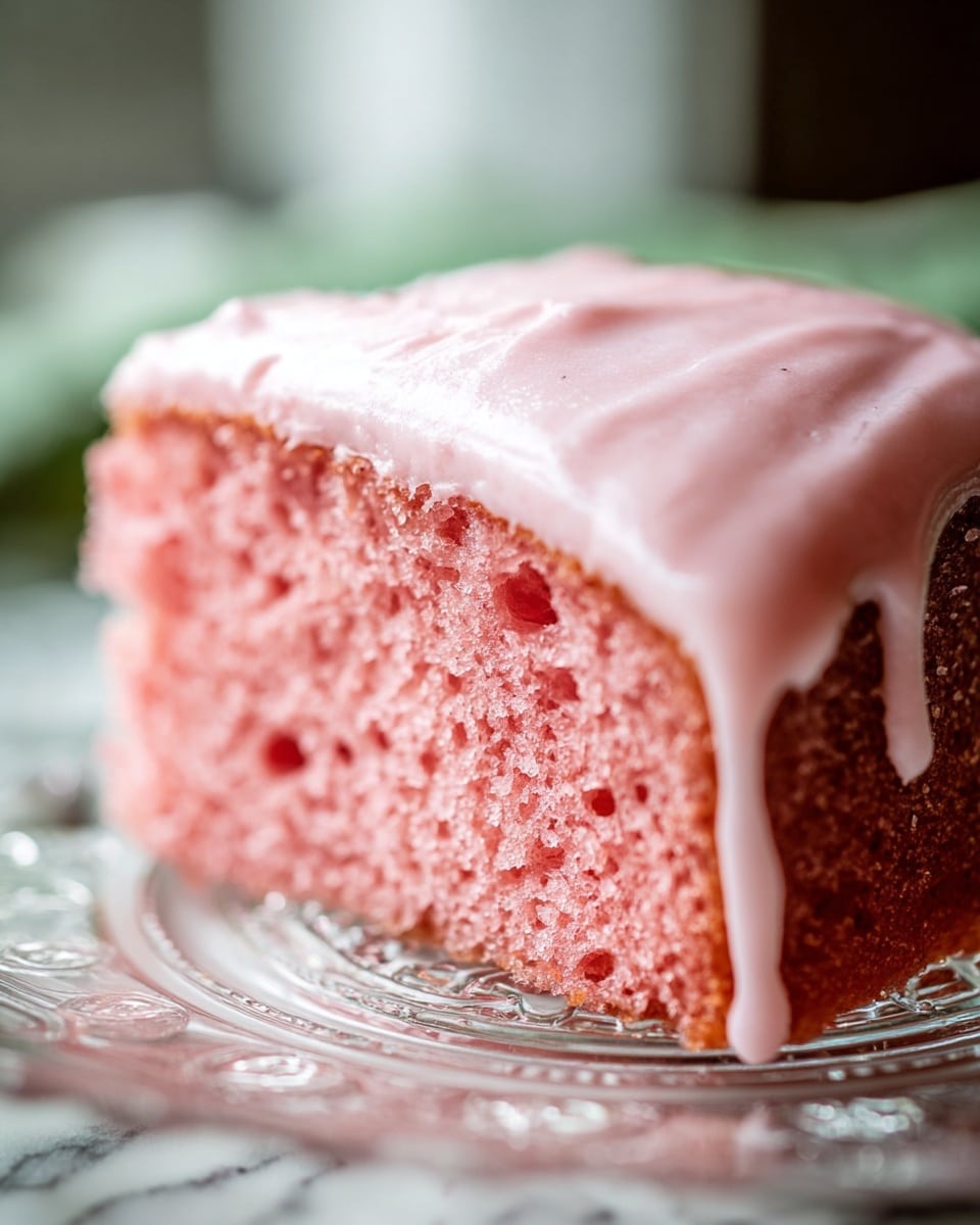 A close-up view of a single slice of pink cake with a dense, moist texture and small air holes, topped with a thick layer of light pink frosting that looks soft and creamy, slightly dripping over the edges. The slice rests on a clear glass plate with intricate patterns, placed on a white marbled surface. Photo taken with an iphone --ar 4:5 --v 7