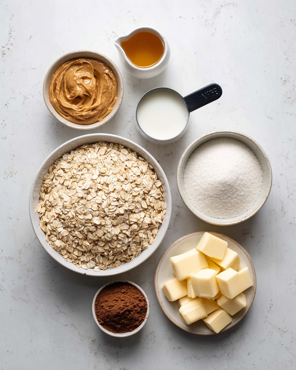 This image shows seven bowls and cups with ingredients placed on a white marbled surface. In the center bottom, a bowl full of light beige rolled oats with a rough texture. To the right, a small round white bowl holds many pale yellow cubes of butter. Above the oats, a larger white bowl is filled with white granulated sugar, smooth and fine. Near the sugar bowl, a small white cup contains white milk. Above the milk, a black measuring cup holds a smooth, light brown dollop of peanut butter. To the left, a small white cup is filled with brown cocoa powder with a soft, powdery texture. Finally, a small white bowl at the top left holds a golden brown liquid. The ingredients are neatly arranged on the surface. photo taken with an iphone --ar 4:5 --v 7