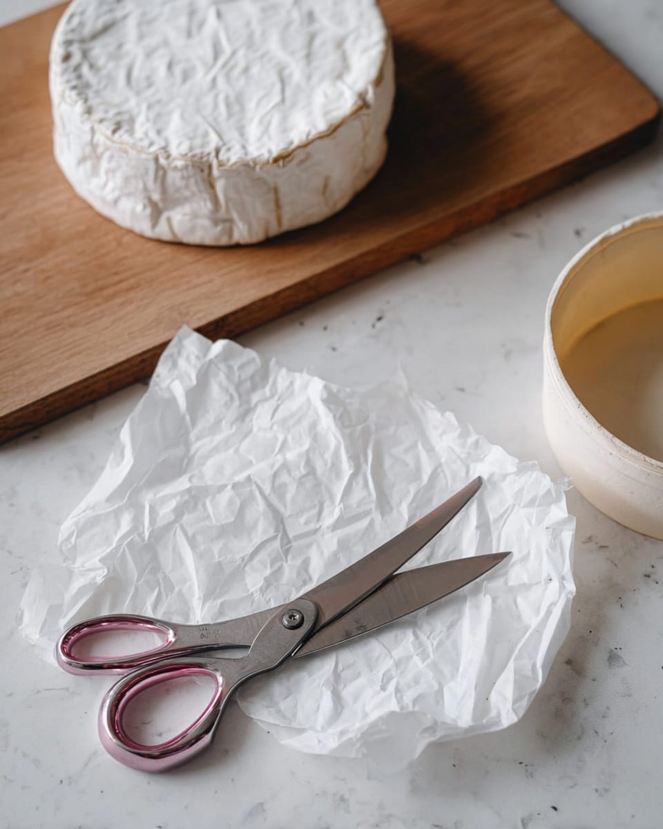 A wheel of soft cheese with a white, slightly wrinkled rind sits on a wooden cutting board in the background, while in the foreground a pair of metal scissors with pink handles is partially open over a piece of crumpled white parchment paper. To the right, an empty round white container with a beige edge is visible, all placed on a surface with a white marbled texture. photo taken with an iphone --ar 4:5 --v 7