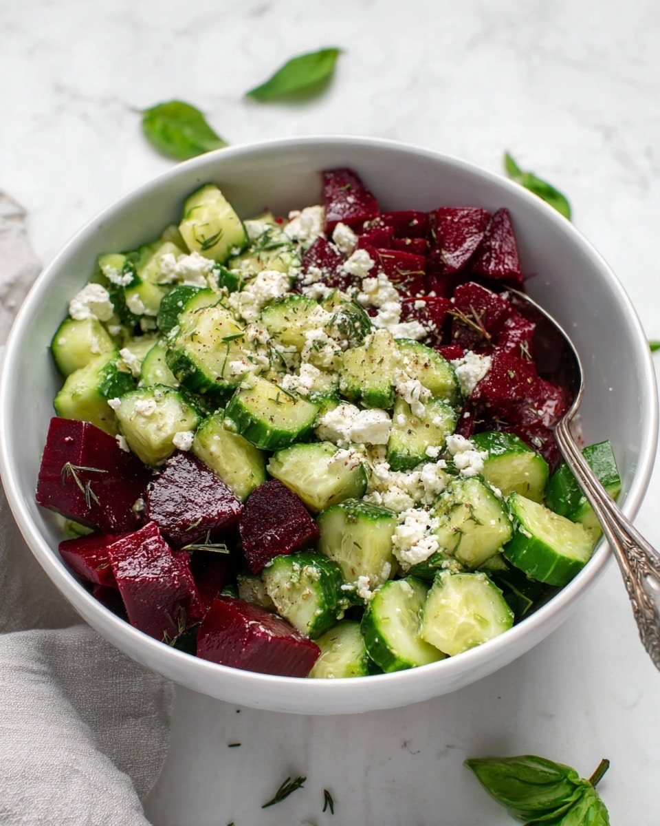 A white bowl filled with a salad showing three main layers: the bottom layer is bright green cucumber slices cut into thick half-moons with a smooth, shiny texture; mixed throughout are glossy, deep red beet chunks irregular in shape with a slightly rough surface; topped with small, crumbly white cheese pieces scattered evenly, with light green dried herb sprinkles adding extra texture. The bowl is placed on a white marbled surface with a large wooden spoon and some fresh green herbs blurred in the background. Photo taken with an iphone --ar 4:5 --v 7