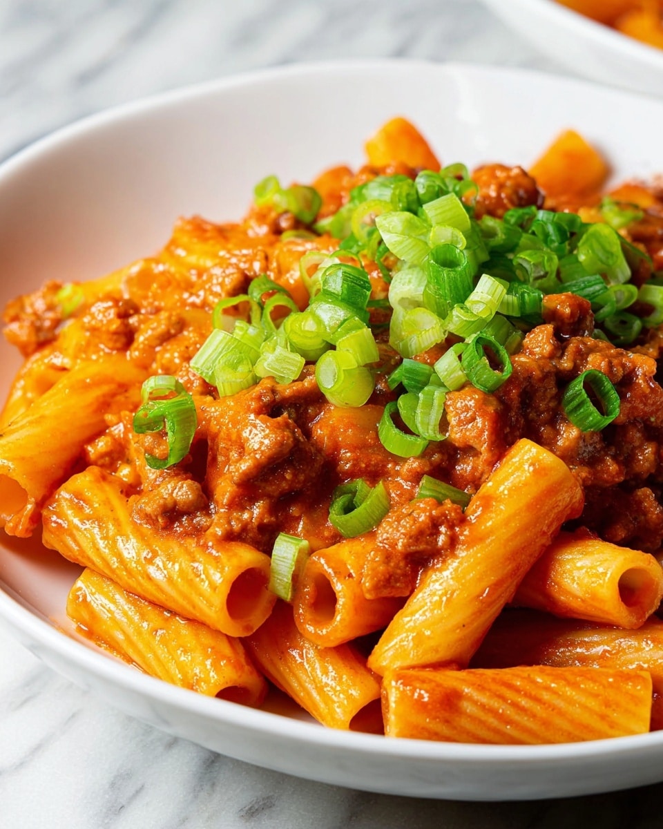 The image shows a close-up of rigatoni pasta coated in a thick orange-red sauce, mixed with small pieces of cooked sausage that have a browned, slightly crispy texture. The rigatoni noodles are ridged and well coated with the sauce, creating a shiny appearance. On top of the pasta and sausage mixture, there is a generous sprinkle of thinly sliced bright green scallions scattered evenly. The dish is served on a white plate set on a white marbled surface. photo taken with an iphone --ar 4:5 --v 7
