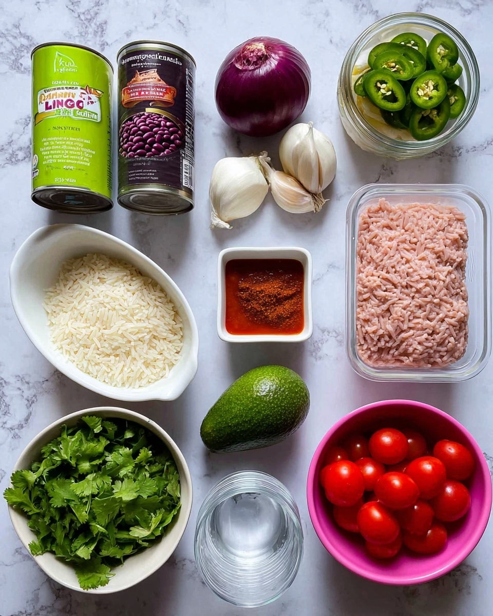 The image shows several ingredients arranged on a white marbled surface, including two cans—one green labeled sweetcorn and one purple labeled black beans—placed near the top left. Below these cans, there is a small jar of sliced green jalapeños and a whole red onion beside two garlic cloves. In the center, a small white oval dish holds red tomato paste next to a square white bowl with a brown spice mix. To the right, a clear small glass of water is near a whole dark green avocado. Moving downward, there's a small white bowl filled with fresh green cilantro leaves, a white bowl containing long-grain rice, and a pink bowl with bright red cherry tomatoes. At the bottom right corner, a transparent container holds light pink ground meat. All items are neat and clearly visible. Photo taken with an iphone --ar 4:5 --v 7