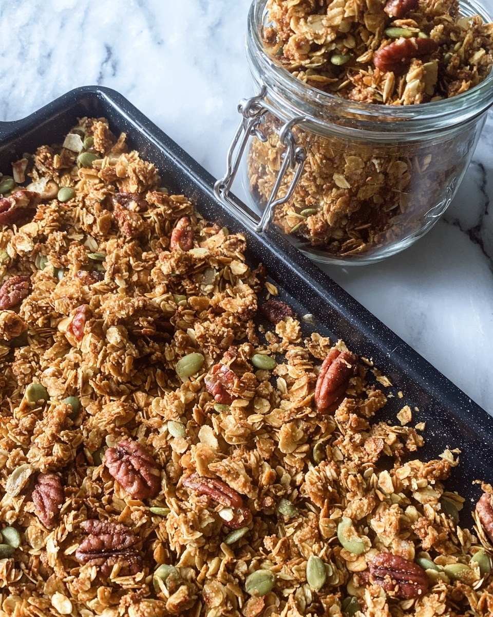 A close-up view of chunky granola spread thin across a black tray with visible clusters of mixed nuts, seeds, and oats. The granola shows a mix of golden-brown colors with some darker brown pecan halves and green pumpkin seeds scattered throughout. At the back of the tray, there is a clear glass jar with a latch lid, half-filled with granola pieces. The whole setting is placed on a white marbled surface. photo taken with an iphone --ar 4:5 --v 7