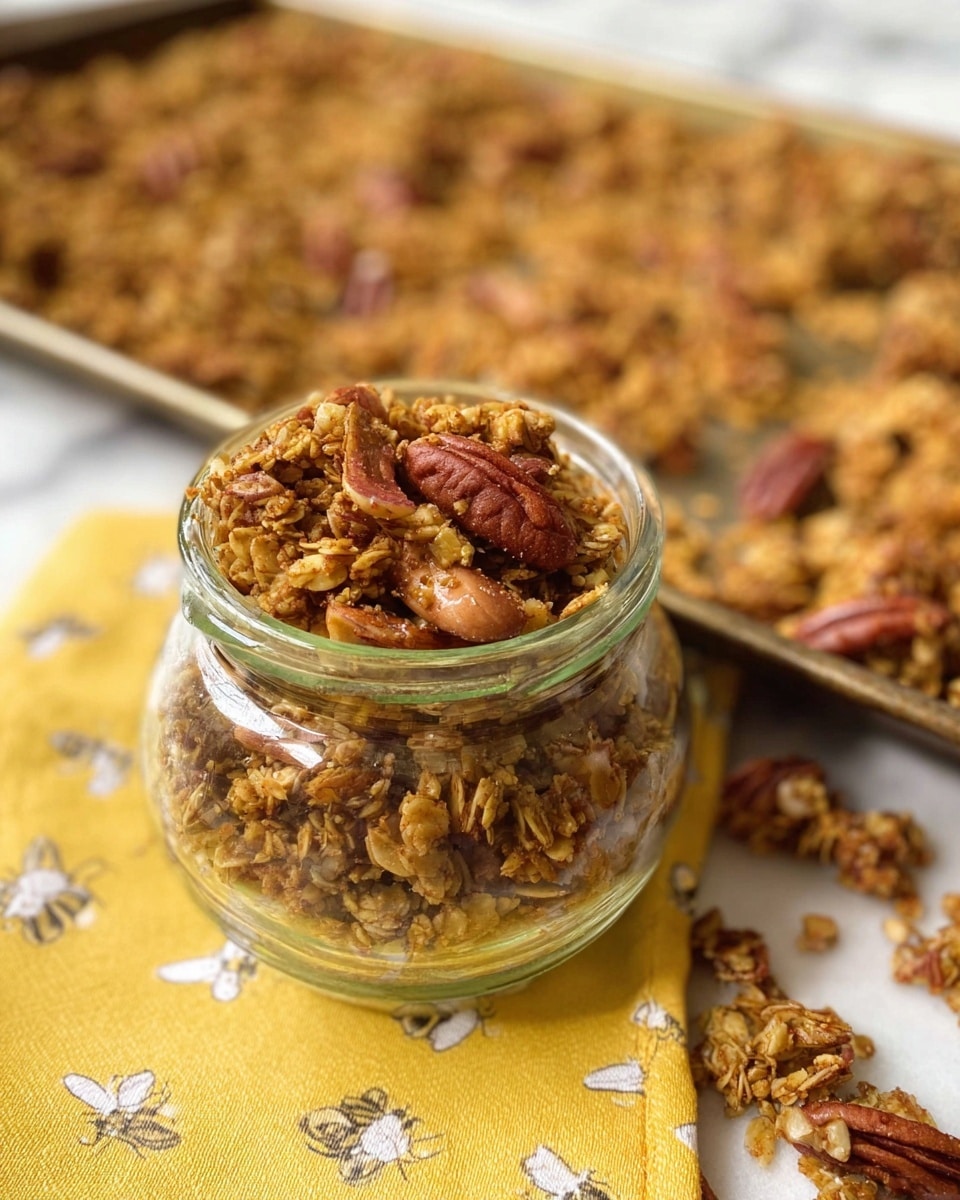 A clear glass jar filled with crunchy granola that includes visible whole pecans, oats, and almond slices, showing a mix of golden brown and darker toasted colors. Behind the jar, there is a baking tray covered with more granola spread out flat, displaying a similar texture and color. The jar and tray sit on a yellow cloth with white bee patterns, all placed on a white marbled surface. The focus is on the jar’s top edge and its contents, with the background softly blurred. Photo taken with an iphone --ar 4:5 --v 7