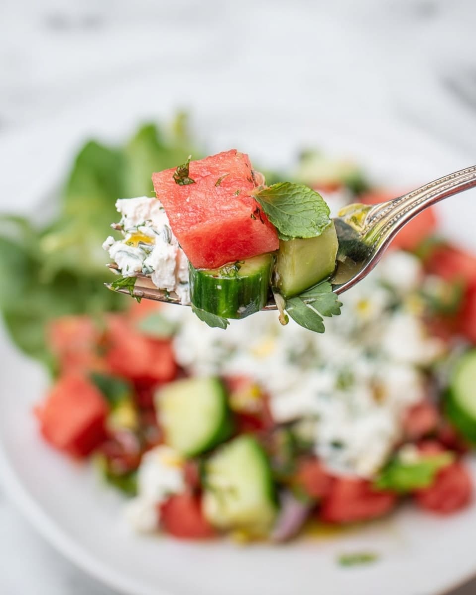 A close-up of a silver fork holding a bite of salad that has four main layers: a piece of red watermelon cube, a fresh green cucumber slice, a few light green small leaves, and a dollop of white creamy cheese mixed with herbs. The fork is above a white plate filled with more salad pieces in red, green, and white colors. The background is a white marbled texture. photo taken with an iphone --ar 4:5 --v 7