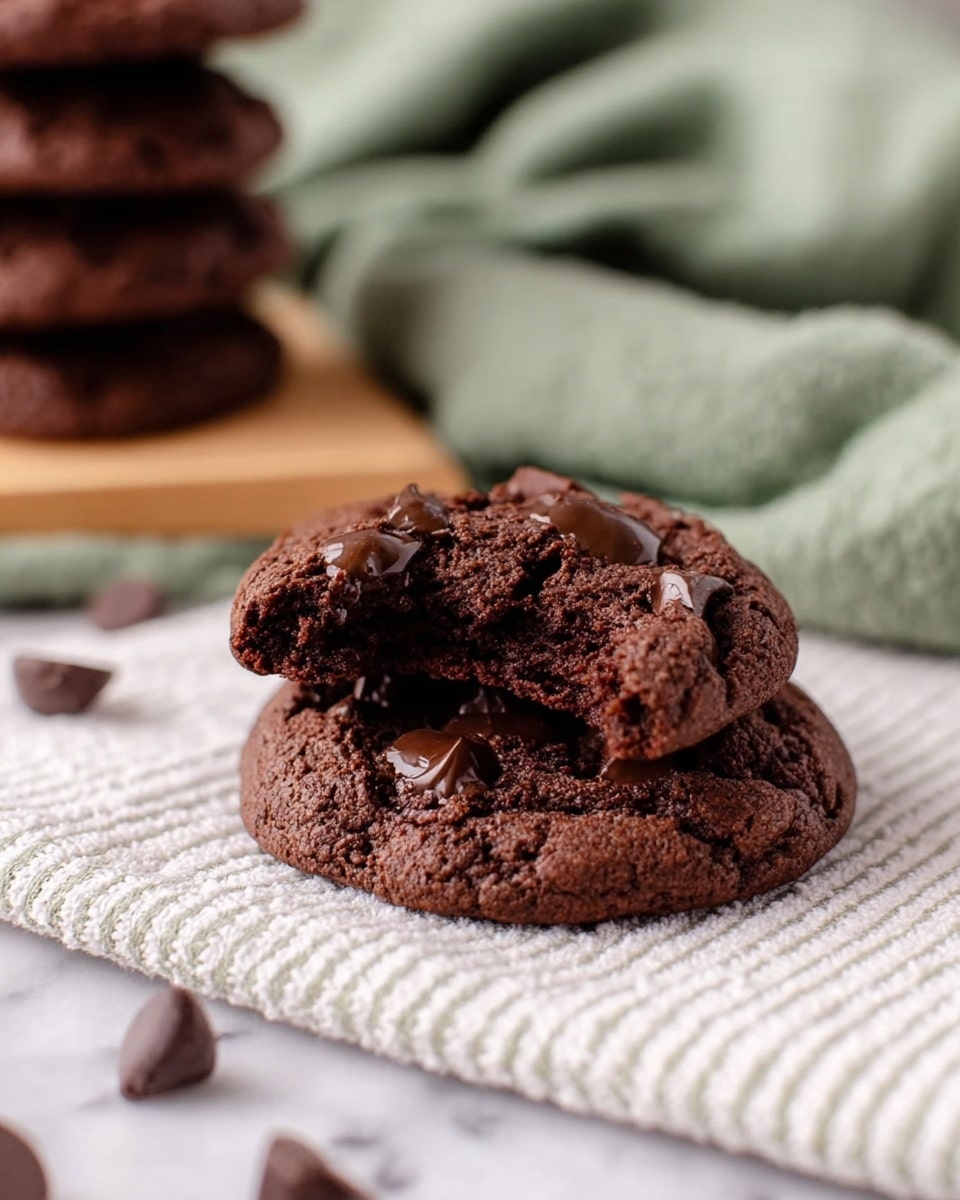 A close-up view of a single chocolate cookie with a bite taken out of it, showing its soft, dense, dark brown inside with a rough, cracked surface. The top of the cookie is scattered with large, shiny dark chocolate chips and chunks that are slightly melted into the cookie. The cookie sits on a white and light gray striped cloth with a few scattered chocolate chips around it. In the background, a stack of similar cookies sits on a light wood board, and there is a soft-focus sage green fabric creating a cozy scene. The whole image is set on a white marbled surface. photo taken with an iphone --ar 4:5 --v 7