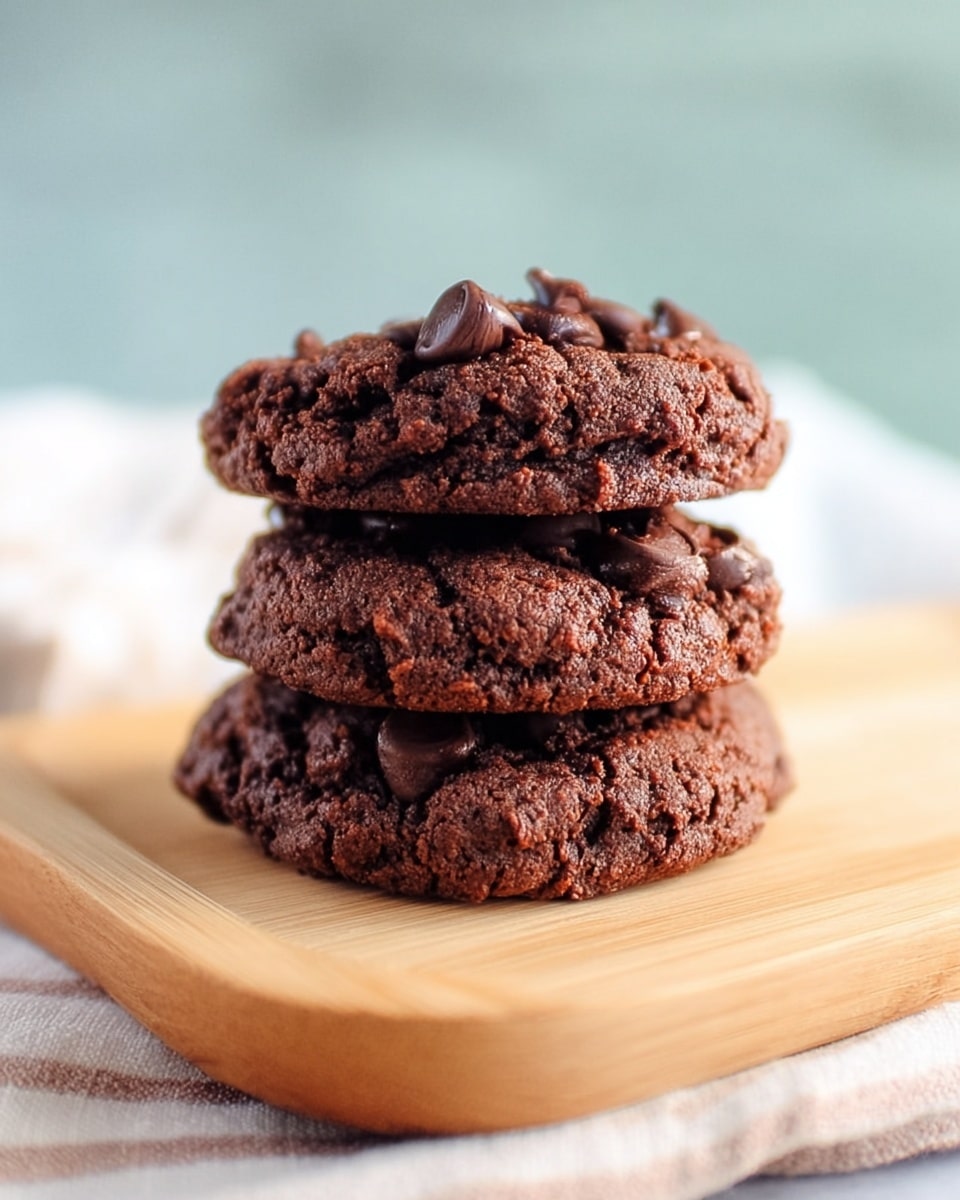 The image shows a stack of three chocolate cookies placed on a light wooden board. Each cookie has a rough, textured surface with visible chocolate chips scattered throughout. The cookies are dark brown with a slightly chunky and uneven appearance, stacked neatly one on top of the other. The background is softly blurred with a light blue and warm beige tone, and the board rests on a white marbled surface with a striped cloth underneath. photo taken with an iphone --ar 4:5 --v 7