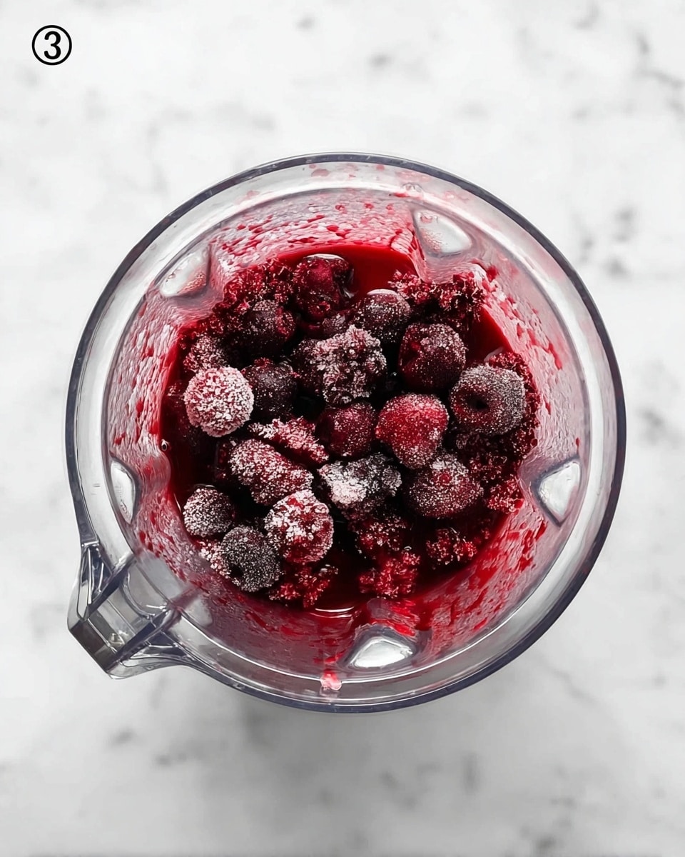 A clear blender container is filled with dark red frozen mixed berries, some with icy frost on them, and fresh red juice starting to pool at the bottom, showing a mix of textures from solid berry pieces to liquid. The blender is placed on a white marbled surface. photo taken with an iphone --ar 4:5 --v 7