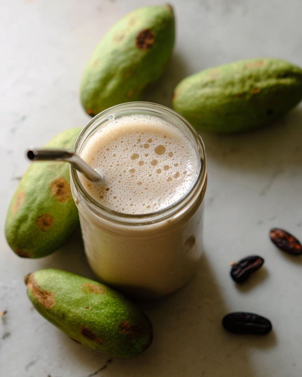 A clear glass jar filled to the top with a thick, creamy pale beige smoothie with small darker specks, with a silver spoon standing inside. The jar is placed on a white marbled surface with a few small dark oval objects scattered near it. In the background, there is a blurred brown wicker basket holding green round fruits. The text
