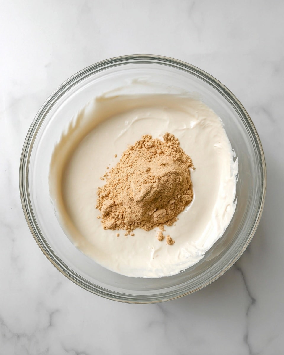 A clear glass bowl placed on a white marbled surface holds two layers of ingredients: the bottom layer is a smooth, thick white cream that fills most of the bowl, and the top layer is a small mound of light brown powder centered on the cream. The powder has a slightly rough texture with some small clumps. The scene is simple and clean, highlighting the contrast between the creamy white and the beige powder. photo taken with an iphone --ar 4:5 --v 7