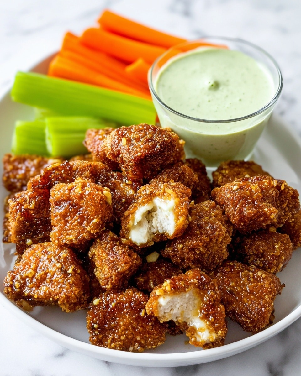 A white plate holds a pile of small, dark golden brown fried nuggets with a crispy, bumpy texture, some coated in a glossy sauce with tiny bits of garlic or onion visible. One nugget is broken open in the front, showing a light cream inside with a soft, crumbly texture. Behind the nuggets are fresh carrot and celery sticks, bright orange and light green, arranged side by side. A clear glass cup filled with a pale green creamy dip sits next to the nuggets. The whole scene is set on a white marbled surface. photo taken with an iphone --ar 4:5 --v 7