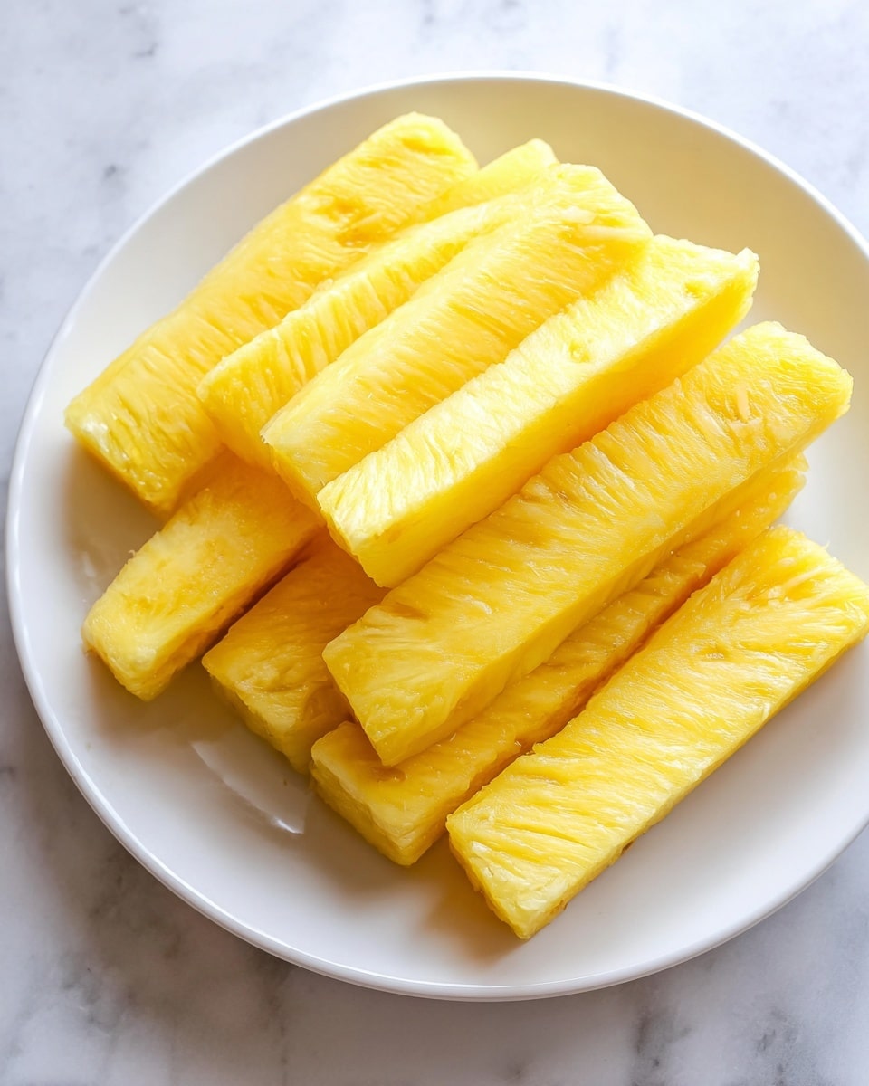 The image shows a white plate on a white marbled surface holding ten pieces of fresh pineapple cut into sticks. Each pineapple stick is bright yellow with a slightly textured, juicy surface. The pineapple sticks are arranged close together but not perfectly aligned, giving a natural look. The light shines softly on the pineapple, making it look fresh and ripe. photo taken with an iphone --ar 4:5 --v 7