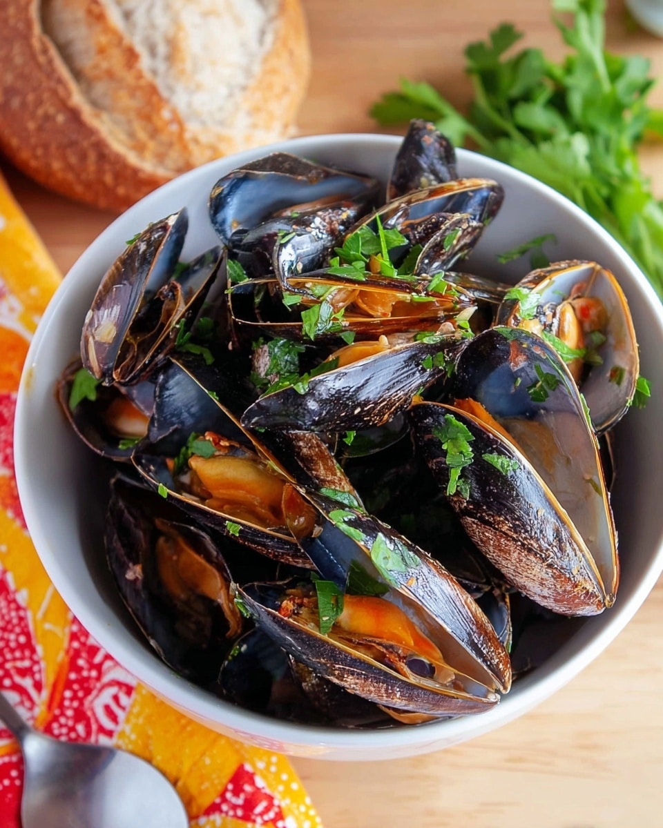 A white bowl is filled with two layers of cooked mussels, showing their dark, shiny shells opening to reveal bright orange meat inside, sprinkled with fresh green parsley leaves scattered on top and between the shells. The bowl sits on a light wooden surface with a yellow and red patterned cloth partially visible on the left side and a chunky light brown bread loaf in the background. Some fresh parsley leaves are also placed on a silver spoon to the bottom left. Photo taken with an iphone --ar 4:5 --v 7