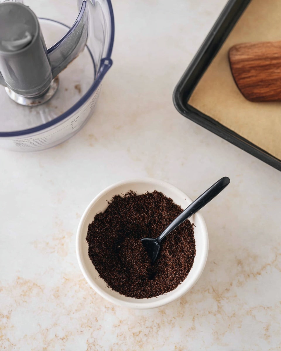 A close-up image of a single layer of dark brown ground coffee with a coarse texture piled inside a white bowl, with a dark wooden spoon partially buried on the right side, all placed on a white marbled surface photo taken with an iphone --ar 4:5 --v 7