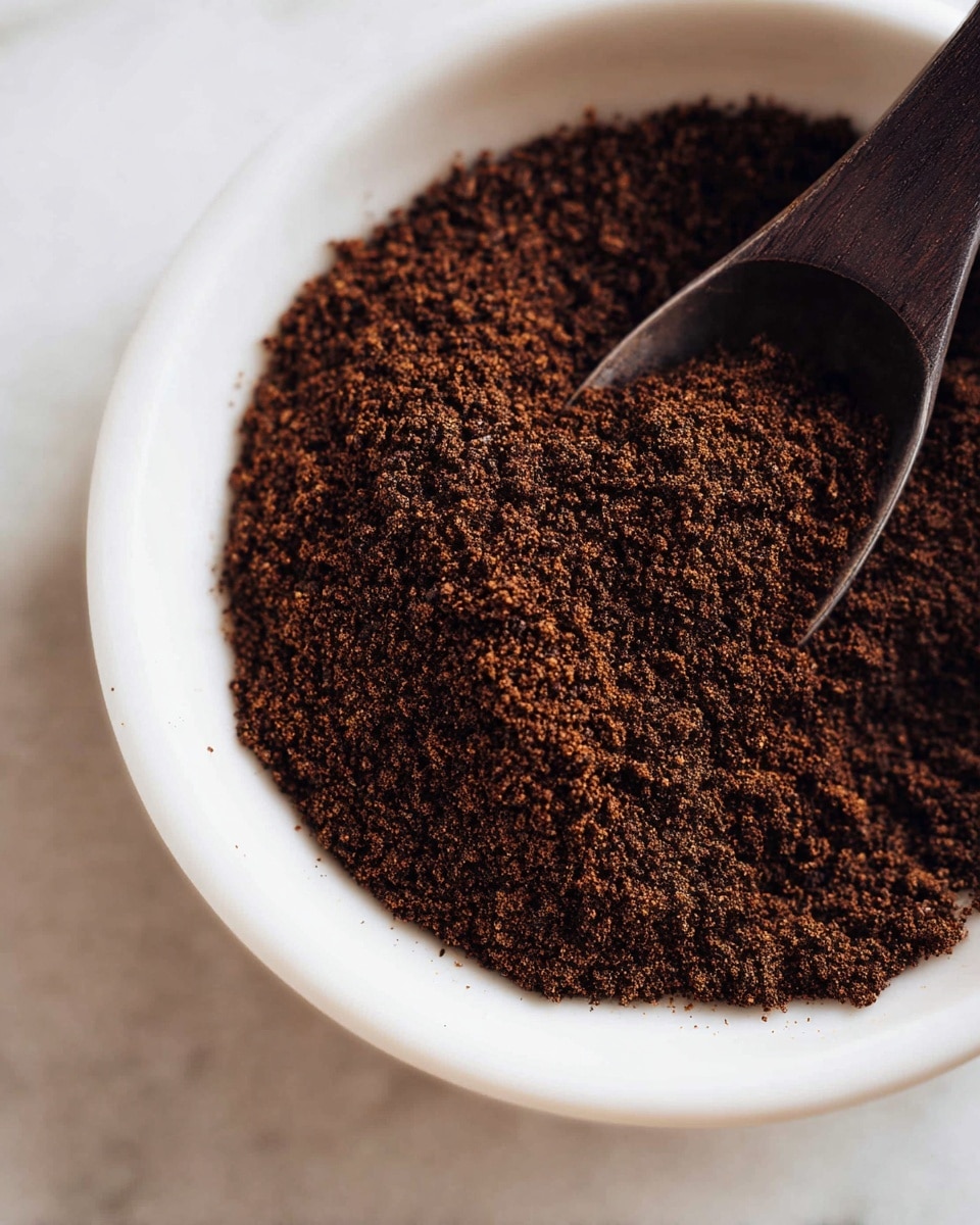 A small white bowl filled with dark brown ground coffee sits in the lower part of the image, with a black spoon resting inside and partially buried in the coffee grounds. To the upper left, there is a clear plastic food processor container with a gray blade visible inside. Toward the upper right corner, a black baking tray lined with beige parchment paper is visible, with a wooden spatula resting on it. The whole scene is set on a white marbled surface that adds a clean and bright look to the composition. photo taken with an iphone --ar 4:5 --v 7
