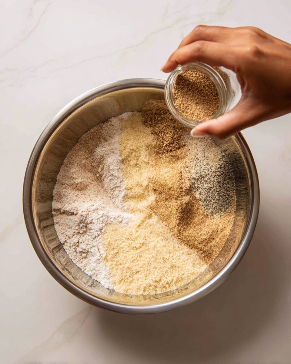 A stainless steel bowl sits on a white marbled surface, containing a mix of dry ingredients in layers of pale beige and light yellow with some darker specks scattered throughout. A woman's hand is holding a small jar pouring a fine, light brown powder into the bowl, adding to the mixture. The scene captures a moment of seasoning or ingredient addition in a simple cooking process. photo taken with an iphone --ar 4:5 --v 7