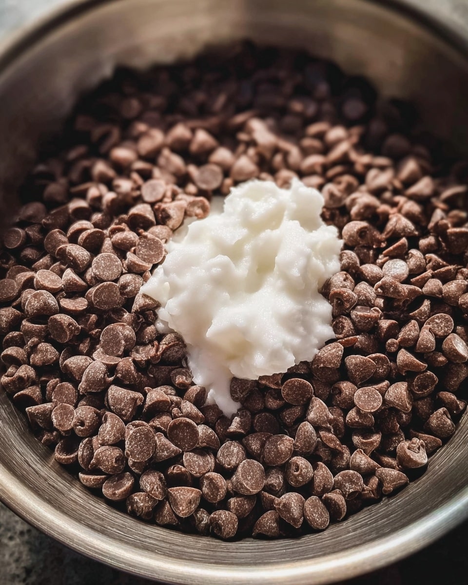 A close-up image showing a single metal bowl filled with layers of small, shiny dark brown chocolate chips at the bottom and sides, topped with a dollop of thick white creamy coconut oil in the center. The metal bowl has smooth, round edges and a slight reflective shine. The scene has a soft light that highlights the textured chocolate chips and the smoothness of the coconut oil. photo taken with an iphone --ar 4:5 --v 7