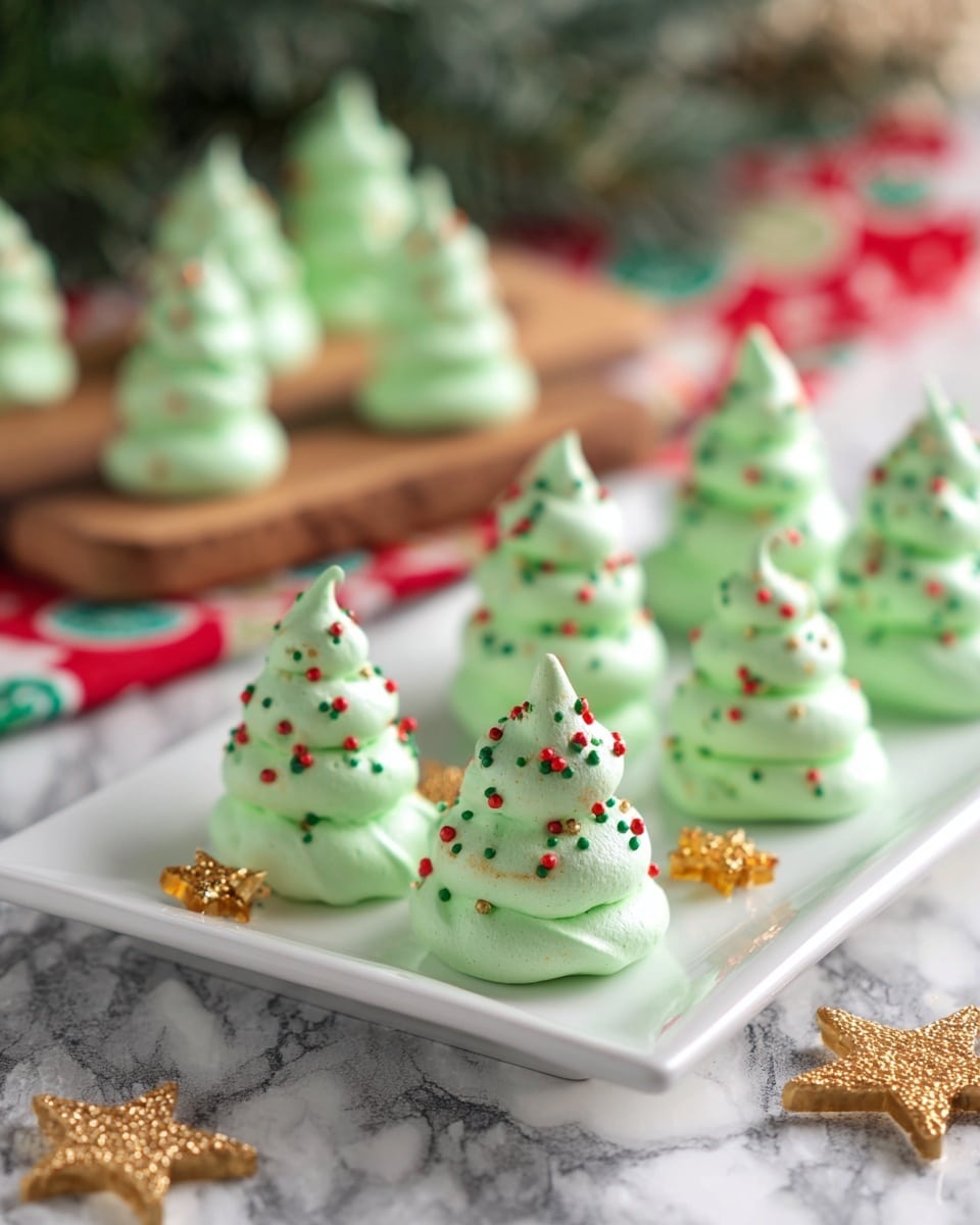 The image shows several small, three-layered green meringue cookies shaped like Christmas trees. Each tree has three rounded tiers stacked on top of each other, getting smaller toward the top with a pointed tip. The green meringues are decorated with tiny red and green round sprinkles spread evenly on all layers. Small, gold star-shaped decorations are placed on the white rectangular plate around the meringue trees. The plate is set on a textured white marbled surface. In the blurred background, there are more green meringue trees on a wooden board and a festive cloth with red and green patterns. photo taken with an iphone --ar 4:5 --v 7