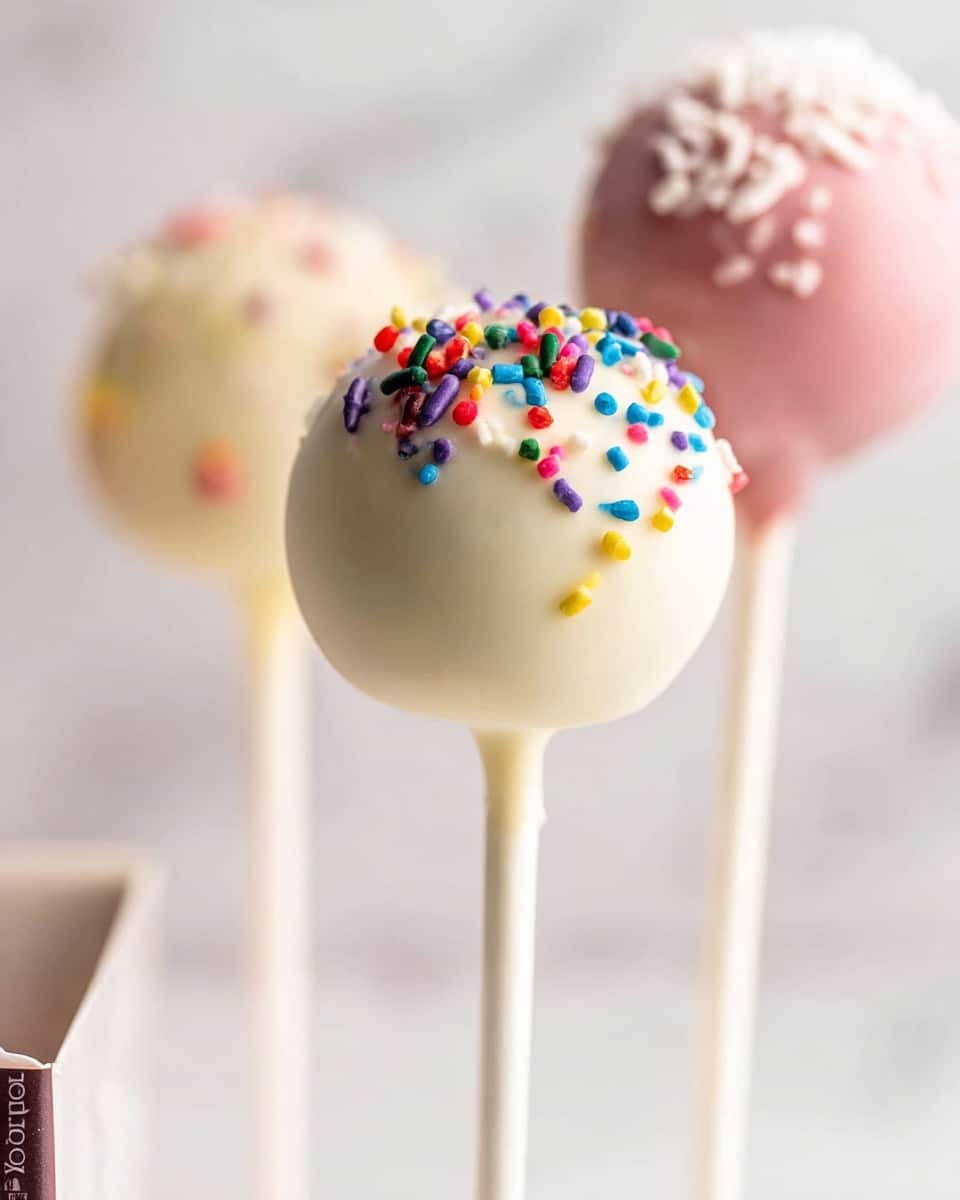 Three cake pops are shown close up, each with one layer and covered smoothly in frosting. The one in front is white with colorful sprinkles on top, including red, blue, green, yellow, and purple. Behind it, a pink cake pop with white sprinkles is blurred, as is another cream-colored one on the left, which also has colorful sprinkles. All cake pops are on white sticks and stand upright, with a box edge visible at the bottom left corner. The background is a soft white marbled texture. photo taken with an iphone --ar 4:5 --v 7