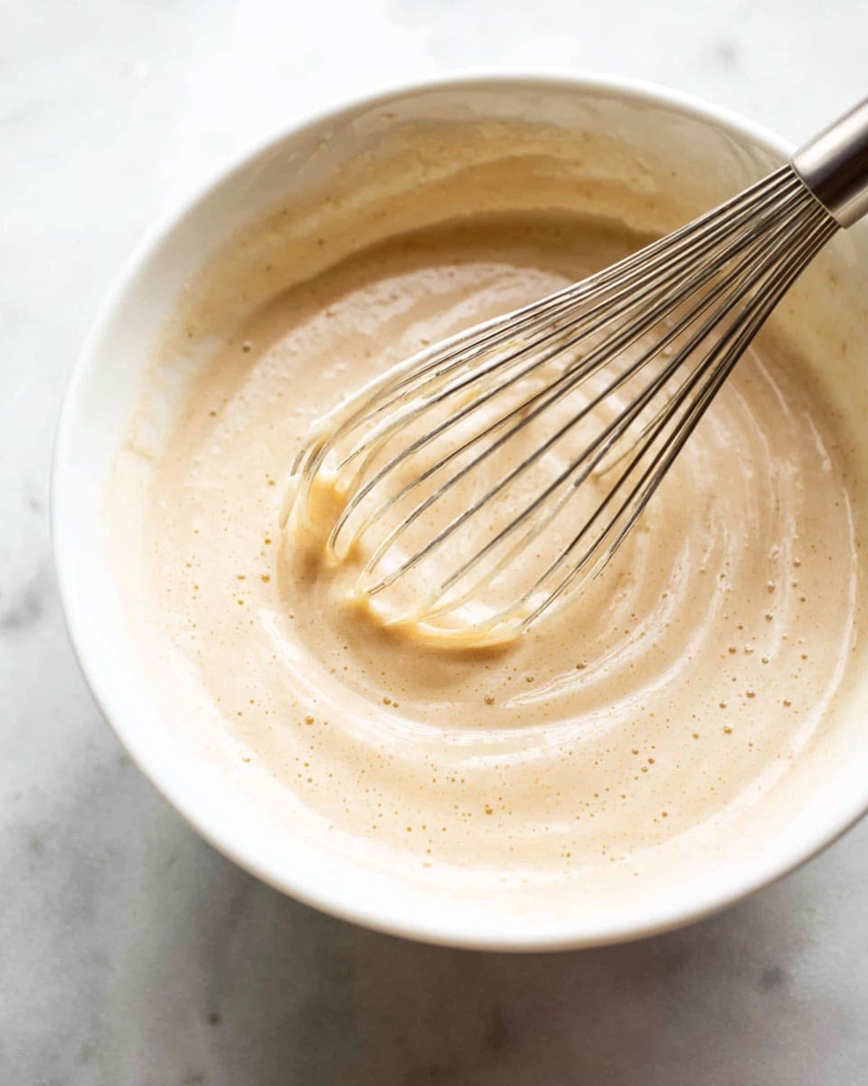 A close-up image of a white bowl filled with smooth, light beige batter being mixed with a metal whisk. The batter has a creamy texture with small bubbles and swirls around the whisk, which dips into the center of the bowl. The bowl is placed on a white marbled surface. The thin metal wires of the whisk create gentle lines in the batter, showing motion. The image has bright, natural lighting, highlighting the smoothness and color of the batter photo taken with an iphone --ar 4:5 --v 7