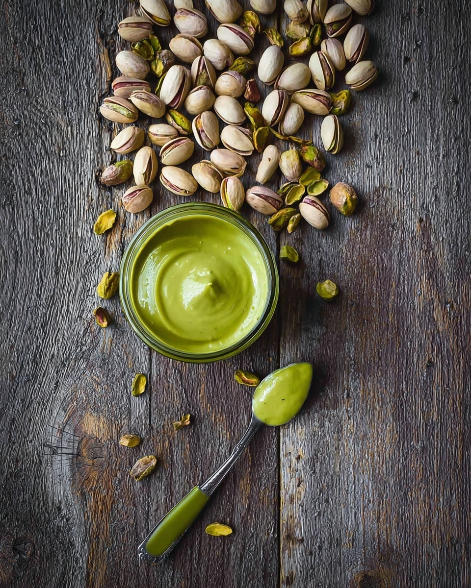 The image shows a spread of pistachio nuts, some in light beige shells and some shelled with green and brown tones, scattered on a dark wooden surface with visible grain patterns. In the lower center, there is a jar filled with smooth, green pistachio cream, slightly shiny with a soft texture. To the right of the jar, a silver spoon with a green handle holds a small amount of the green pistachio cream, resting at a slight angle. The whole scene is arranged casually with a natural, rustic feel. Photo taken with an iphone --ar 4:5 --v 7