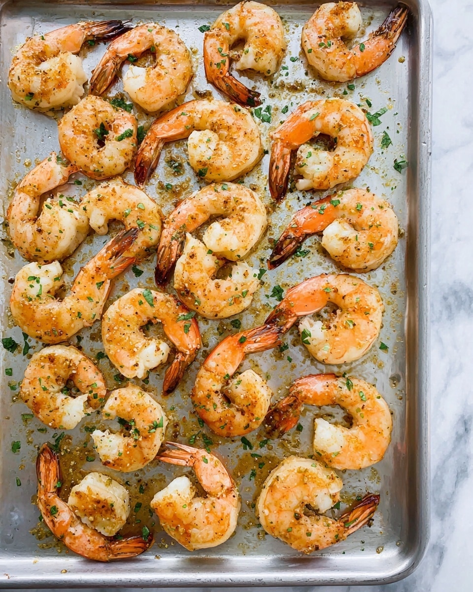 A tray full of cooked shrimp spread evenly, each shrimp curled in a crescent shape with bright orange and white colors. The shrimp have a lightly browned texture in some parts, sprinkled with green herbs and small bits of seasoning. The tray itself is silver and shows some oily spots where the shrimp sit, giving a shiny look. The shrimp tails are still attached, and the garnishing is scattered lightly across the tray, adding extra green color for contrast. The background beneath the tray is a white marbled texture. photo taken with an iphone --ar 4:5 --v 7